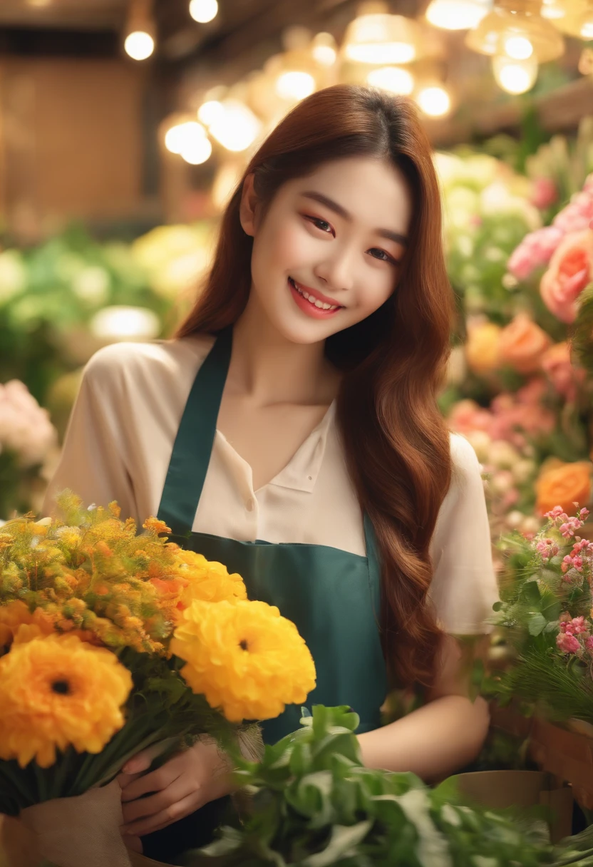 Best quality、超A high resolution、full bodyesbian、Girl working in flower shop has long dimple hair、Making a bouquet、A smile,