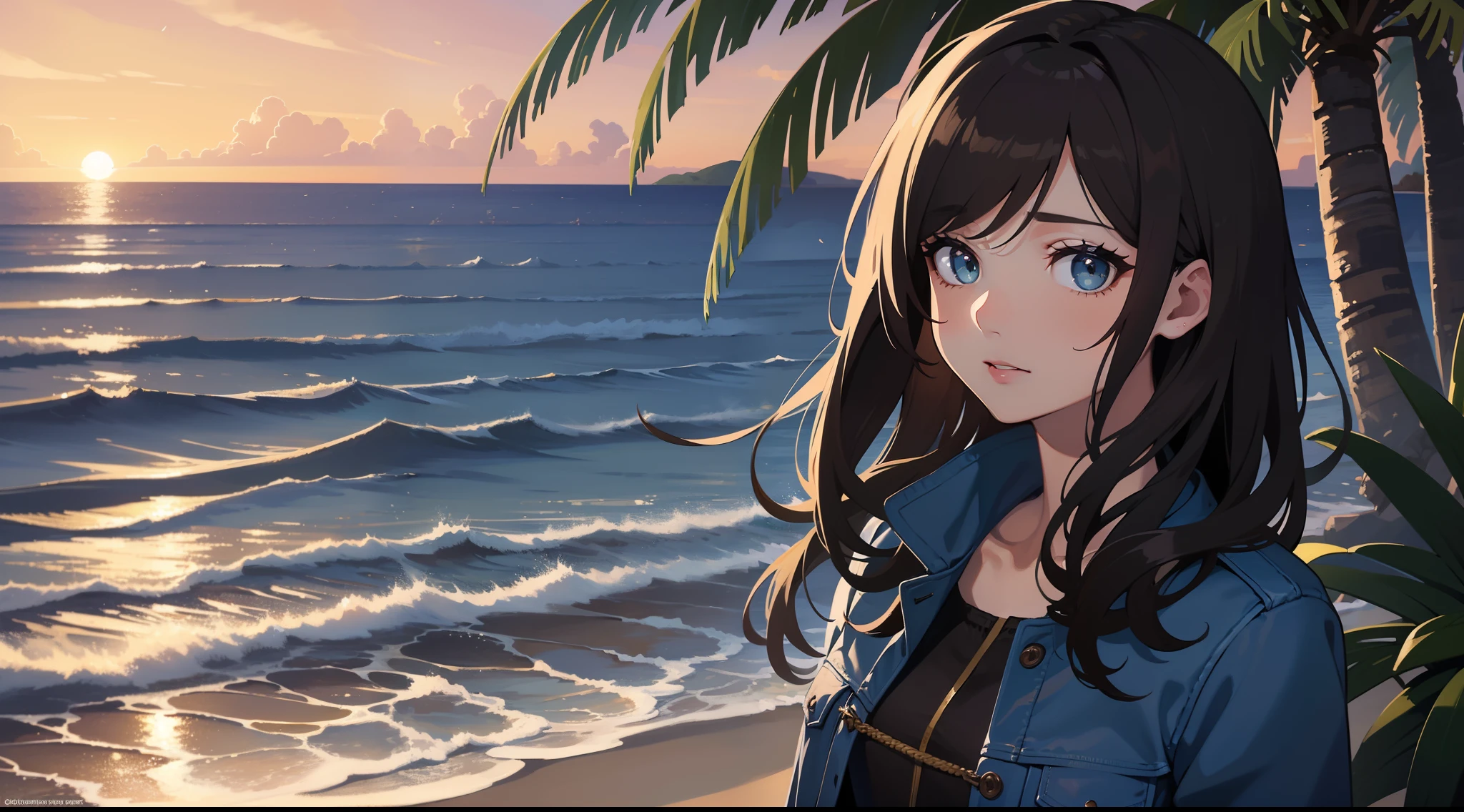 (best quality,ultra-detailed,highres,masterpiece:1.2),realistic,portraits, vivid colors, sharp focus, HDR, longdarkbrownhair, bigbusts, hunter, pinkeyes, beautiful detailed face, indigoblueleatherjacket, blacklowcutshirt,indigobluerippedpants, sexy,beach scene,bokeh, sunset, waves, sandyshore, palm trees, gentle breeze, golden light