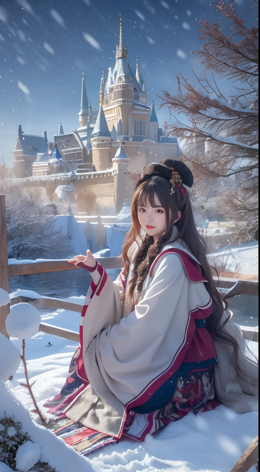 ((Works of masters))，(超高分辨率)，1 girl, Sitting, Lolita costume，Cloak (Snow, Outdoor activities in winter:1.2),Outside the castle，8K，Detailed details，mirth，