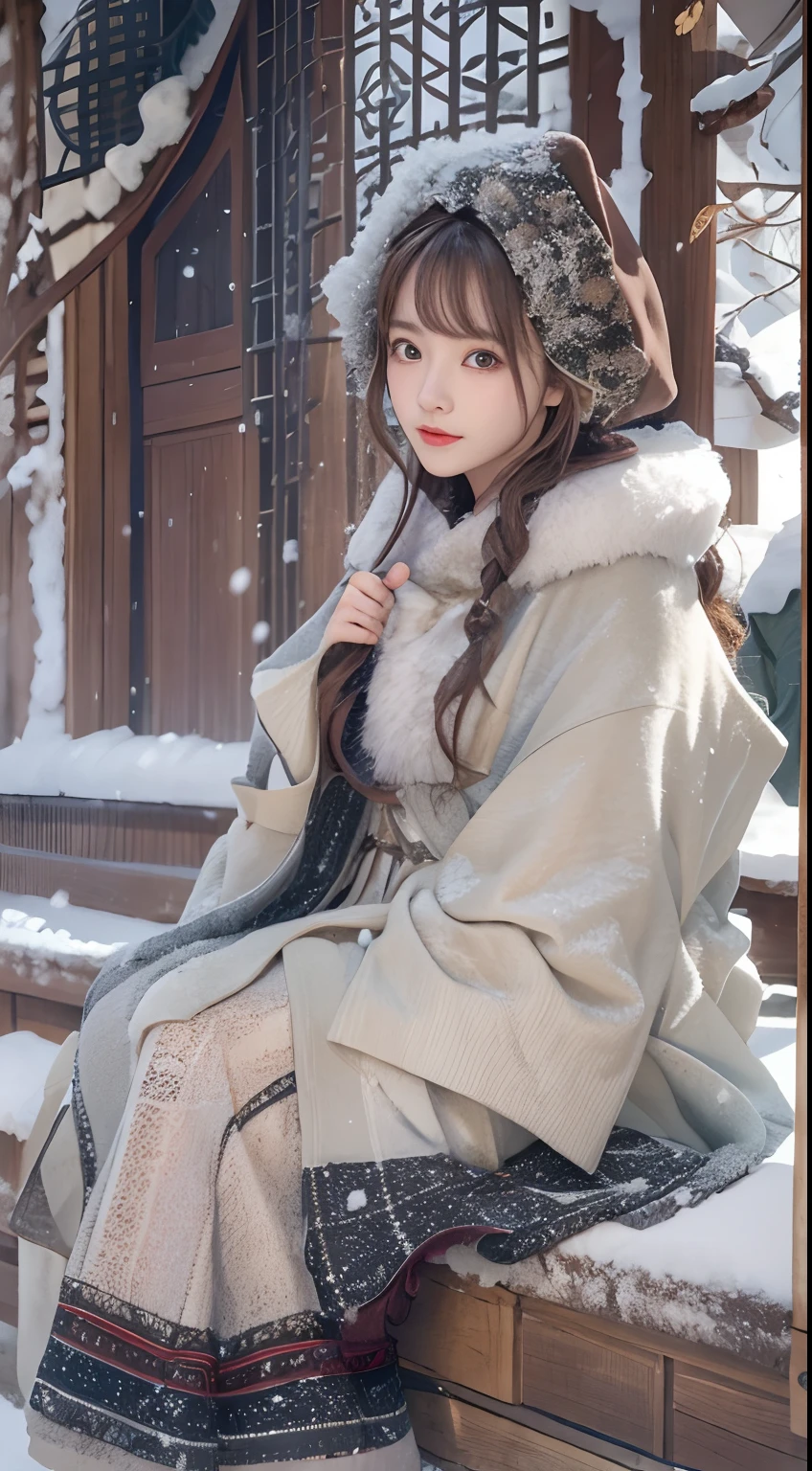 ((Works of masters))，(超高分辨率)，1 girl, Sitting, Lolita costume，Cloak (Snow, Outdoor activities in winter:1.2),Outside the castle，8K，Detailed details，mirth，