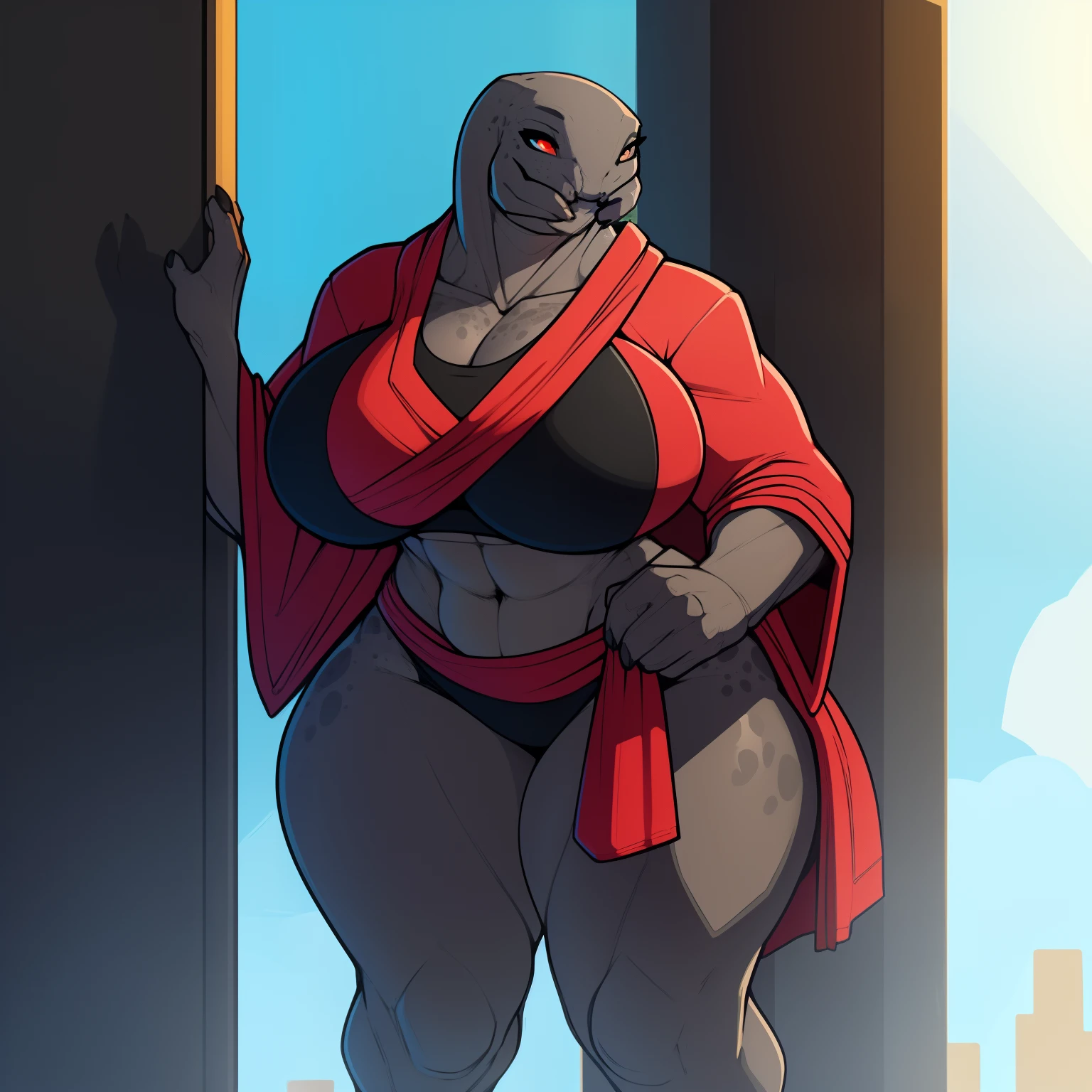 Tall_thick_bodied_Muscular_mature_sangheili female dark_gray_scaled_body sports_bra robes thick_thighs large_breasts solo Masterpiece best_quality absurdres highly_detailed cleanly_drawn_eyes anthro_only by_claweddrip, by_greasymojo, by_underscore-b, by_runawaystride