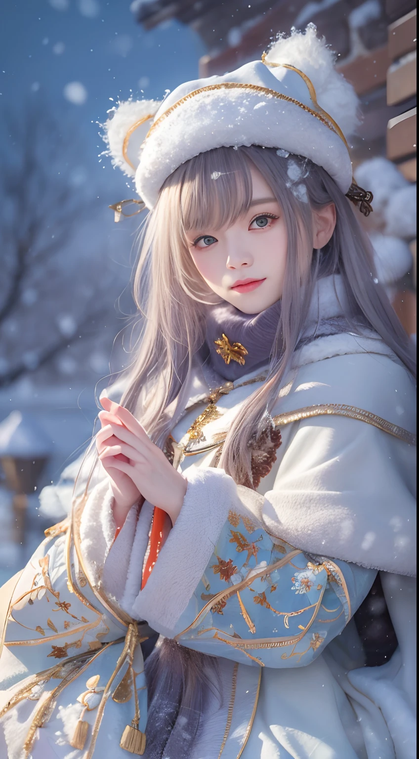 ((Works of masters)),(超高分辨率),1 girl,Glowing eyes,Tears of sadness, Sitting, Lolita costume,Cloak (Snow, Snow,Outdoor activities in winter:1.2),