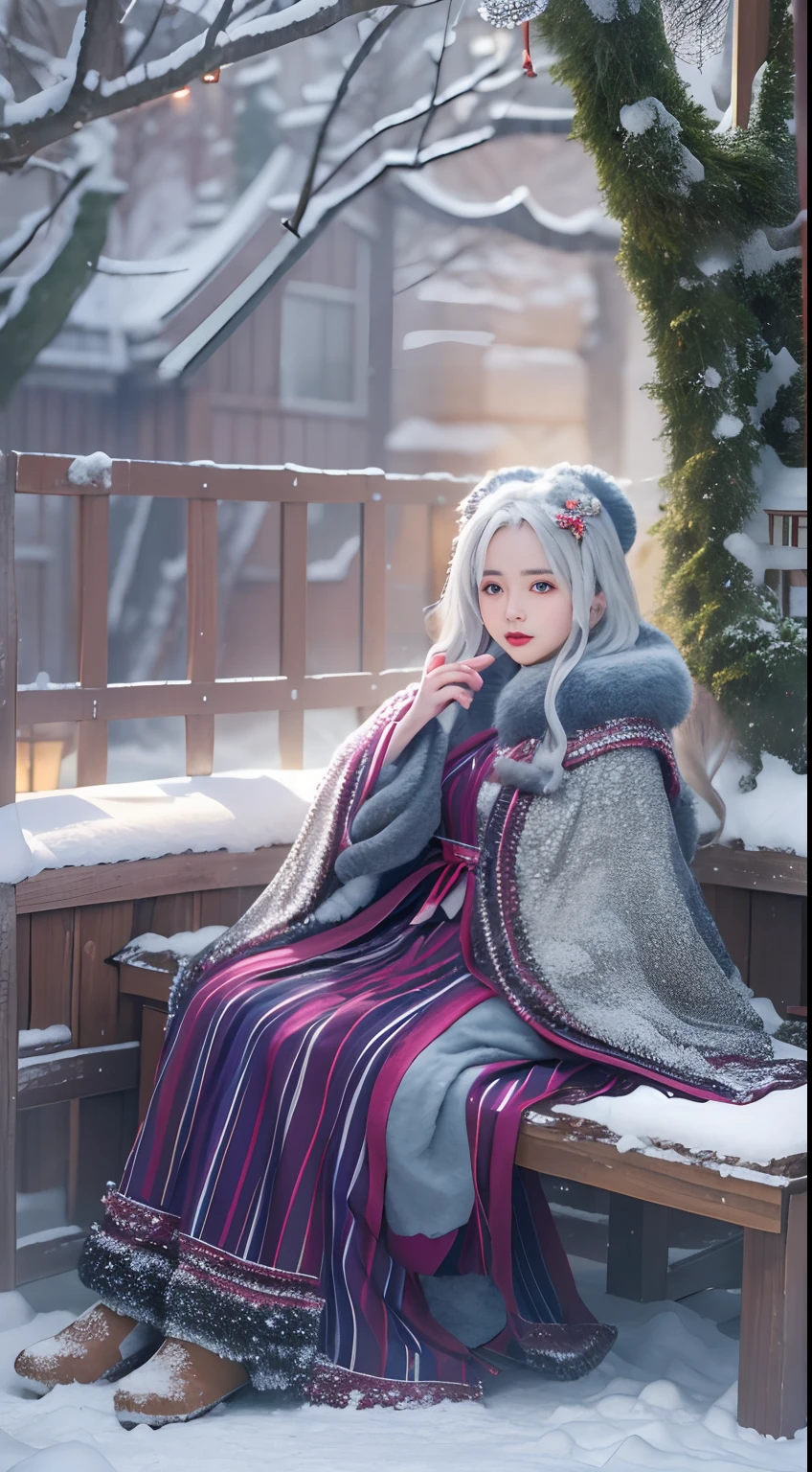 ((Works of masters))，(超高分辨率)，1 girl, Sitting, Lolita costume，Cloak (Snow, Outdoor activities in winter:1.2),Outside the castle，8K，Detailed details，mirth，