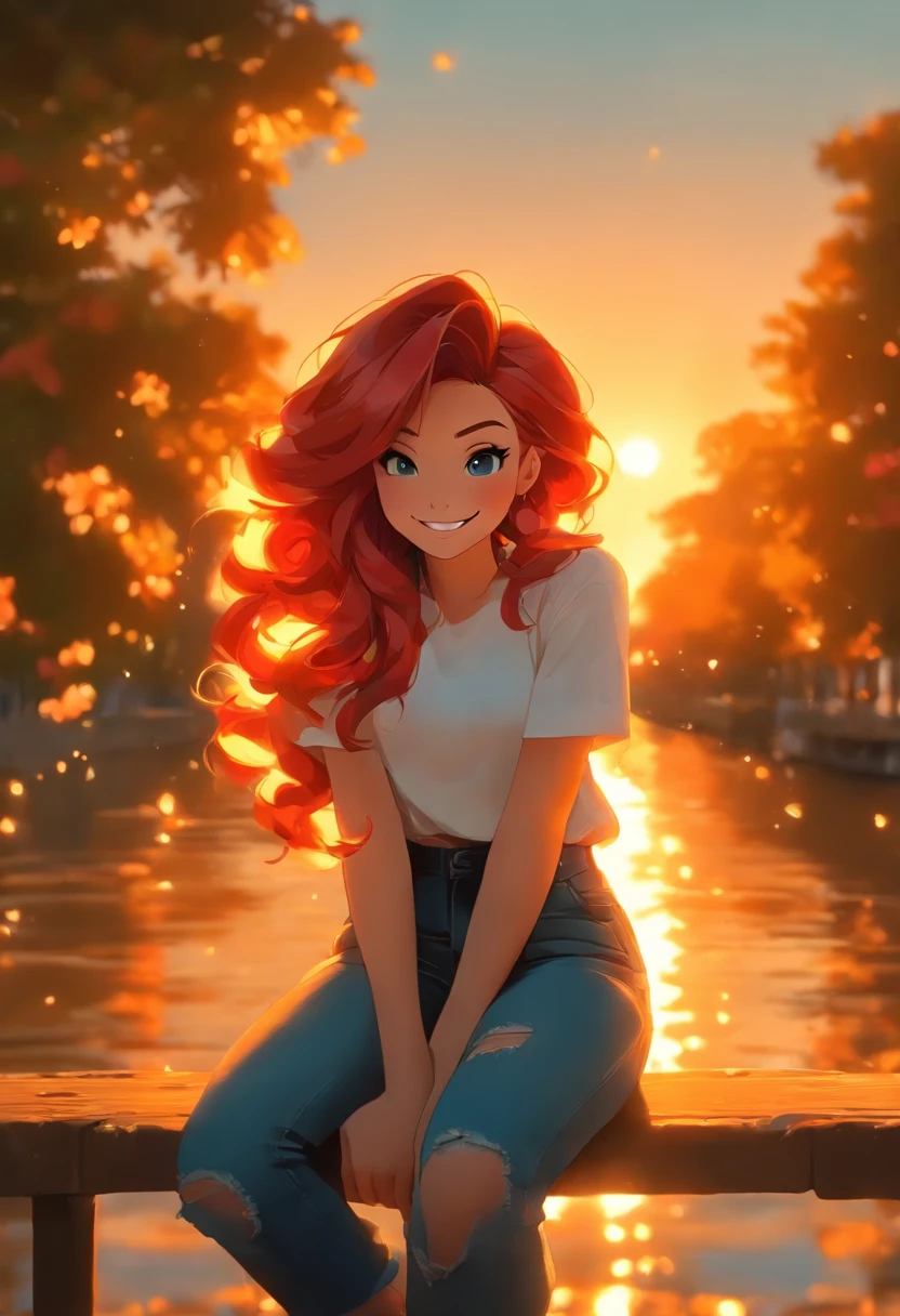 digital art, (girl, red_hair, flowers, baggy jeans, white shirt, discreet smile, cute look, sexy), (sitting on a bench, river in the background, golden hour),, by Daniil Suponitskiy jpegman