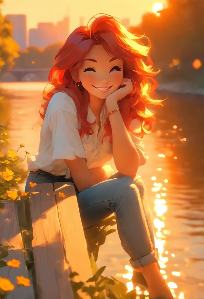 digital art, (girl, red_hair, flowers, baggy jeans, white shirt, discreet smile, cute look, sexy), (sitting on a bench, river in the background, golden hour),, by Daniil Suponitskiy jpegman