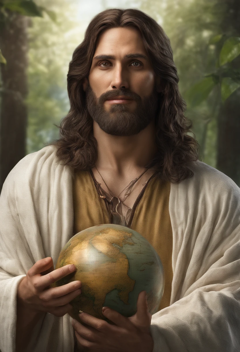 Obra-prima realista em 8k com anatomia perfeita: Jesus Christ holding planet Earth in one hand, with an undeformed face, cinematic lighthing, profundidade de campo, bokeh, realismo, fotorrealista, hiper-realismo, fotografia profissional, Melhor paisagem jangle