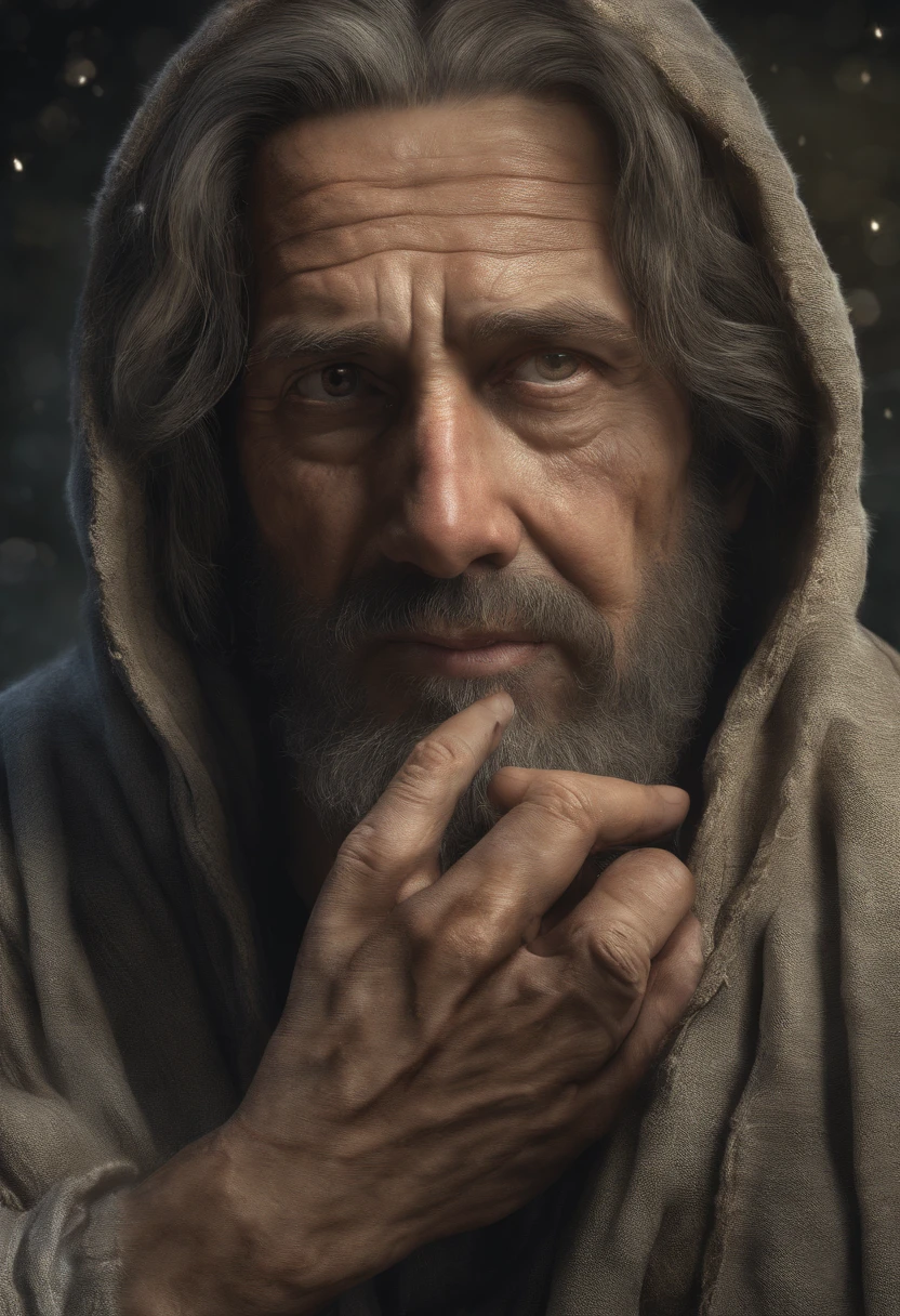 Obra-prima realista em 8k com anatomia perfeita: Jesus Christ holding planet Earth in one hand, with an undeformed face, cinematic lighthing, profundidade de campo, bokeh, realismo, fotorrealista, hiper-realismo, fotografia profissional, Melhor paisagem jangle