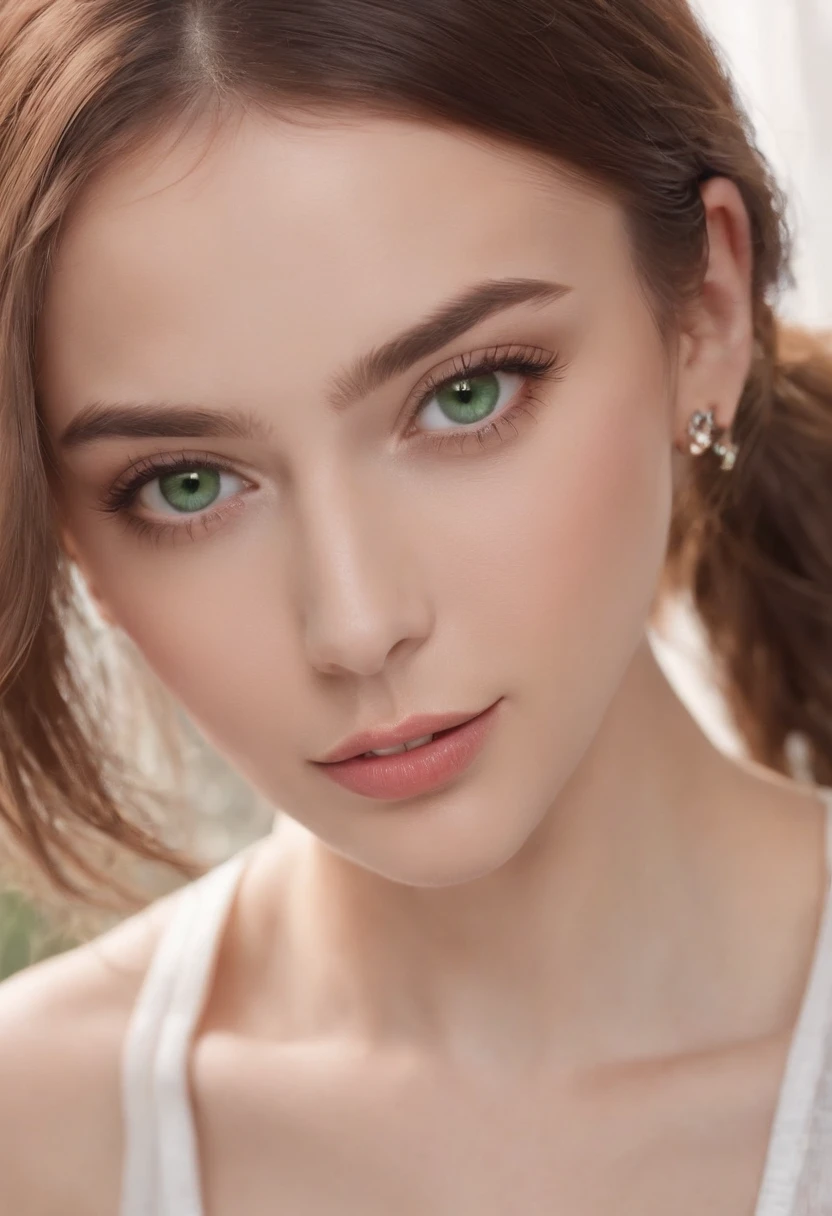 Arad woman in white vest and necklace, sexy girl with green eyes, portrait sophie mudd, brown hair and large eyes, selfie of a young woman, bedroom eyes, Violet Myers, nomake-up, Natural makeup, look straight at the camera, face with artgram, Subtle makeup, stunning closeupheadshot, Piercing green eyes