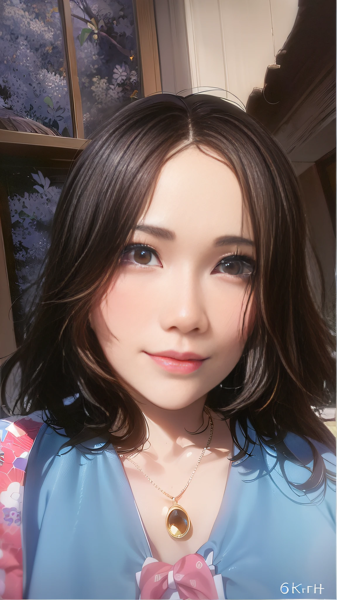 (64K,UHD, best quality, masterpiece:1.5), there is a young girl with a necklace on her neck, young cute wan asian face, south east asian with round face, jaeyeon nam, heonhwa choe, with short hair, with round face, young adorable korean face, korean girl, xintong chen, girl cute-fine-face, a young asian woman, ((smile)), ((big boobs))