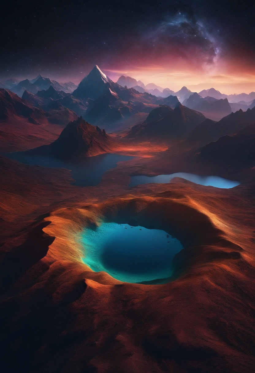 Somewhere in space. Mountains surrounded by the sea. A mysterious planet floating in the mountains. Dark and colorful. Everything is cosmic. 。.3D.