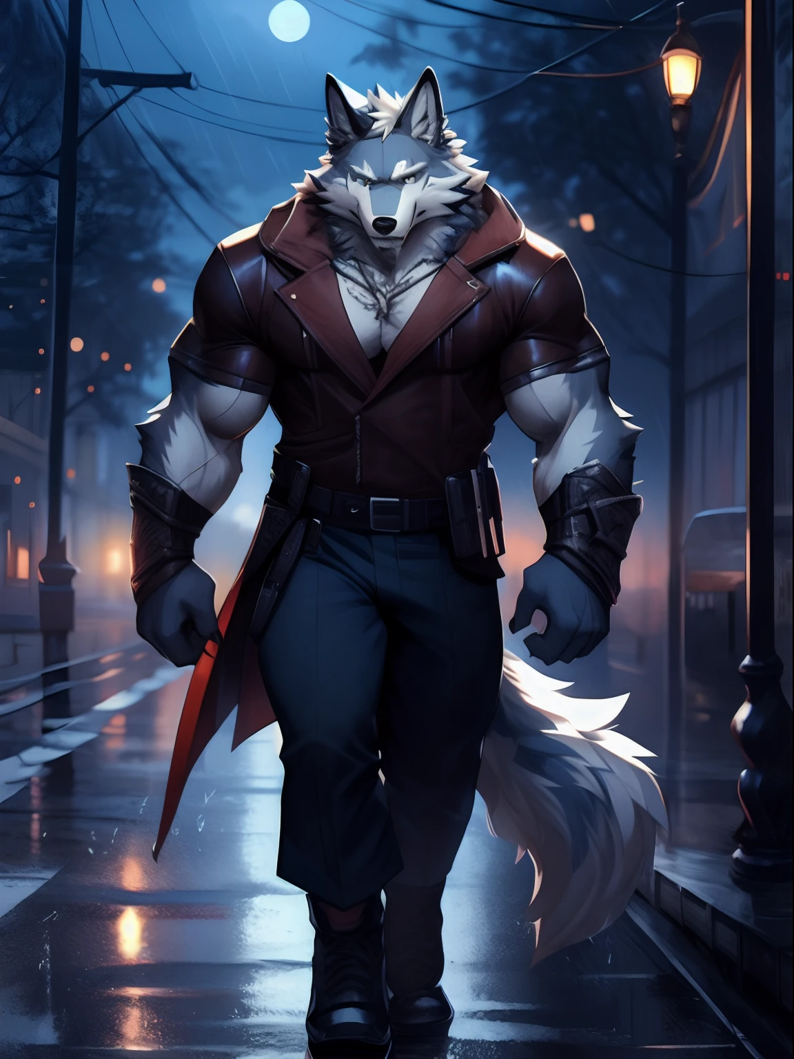 anthro wolf, Furry, rain, armed, White wolf, Scar, musculature, Night, Handsome, Walking, Masterpiece, hires, 8K, nj5furry
