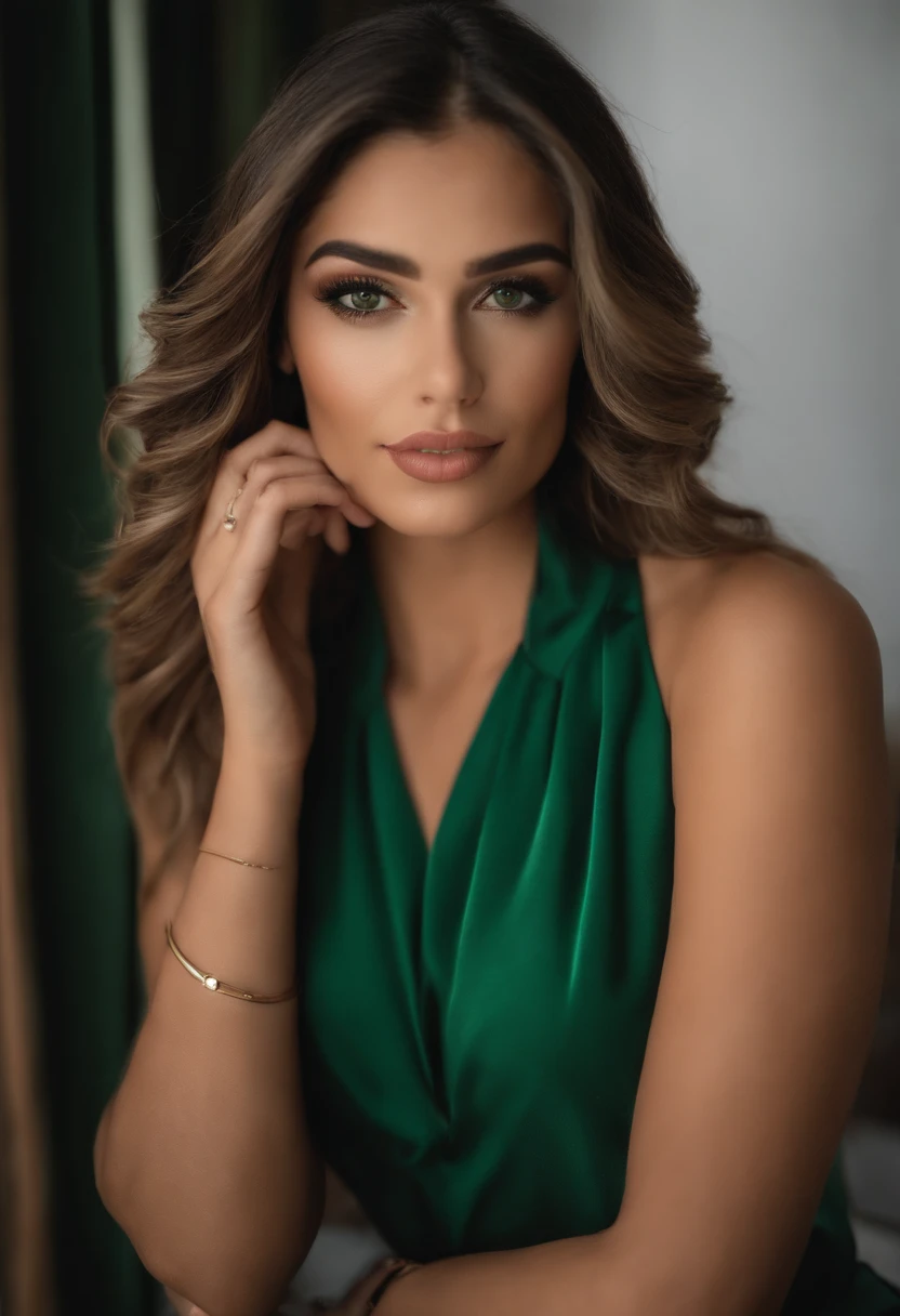 mulher arafed com uma regata vermelha e um colar em um clube, ??????????? com olhos verdes, cabelos vermelhos e olhos verdes grandes, selfie de uma jovem mulher, Olhos do quarto, Violeta Myers, sem maquiagem, maquiagem natural, Looking directly at the camera, Rosto com ArtGram, maquiagem sutil, olhos verdes penetrantes