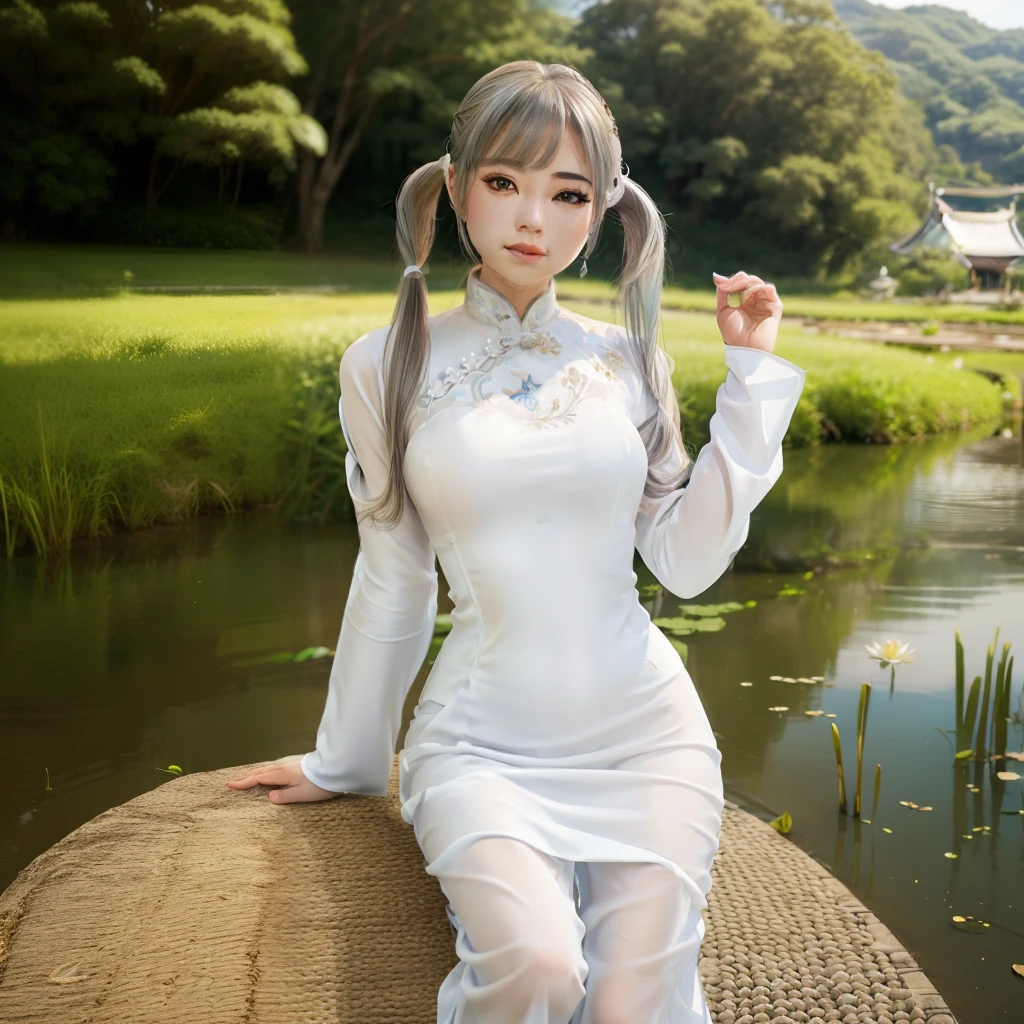 masutepiece, Best Quality, hight resolution,portlate, (((detail portrayal、8K分辨率))), (((Beautiful face drawn in detail))),Full Body Angle,Smirking expression、Solo, bright light blue eyes, ((Beautiful silky silver hair、Short ponytail、Shortcut ponytail))、(((Beautiful Ao Dai:1.3、Ao Dai,Beautiful White Ao Dai)))、plein air、Lake Lotus