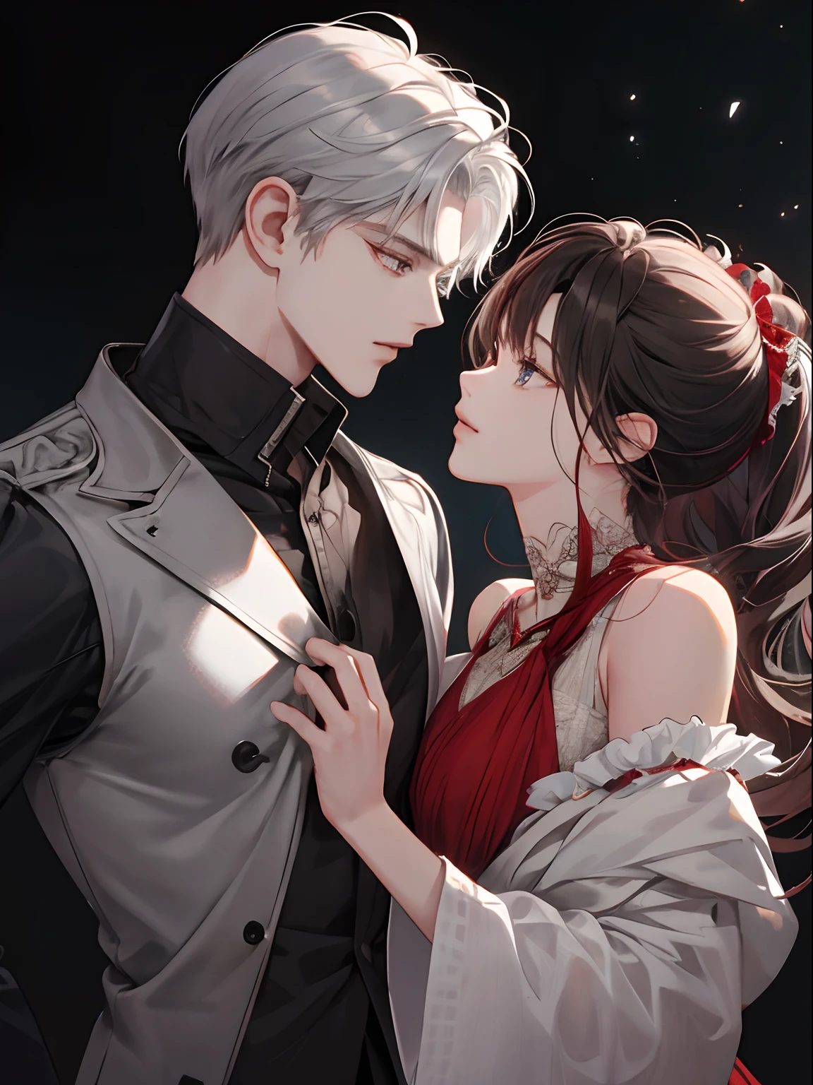 (extreamly delicate and beautiful:1.2), 8K, (tmasterpiece, best:1.0), Two male, One female, Upper body body, black-haired, silver hair, red dark hair, love triangle, 2 male 1 female - love triangle