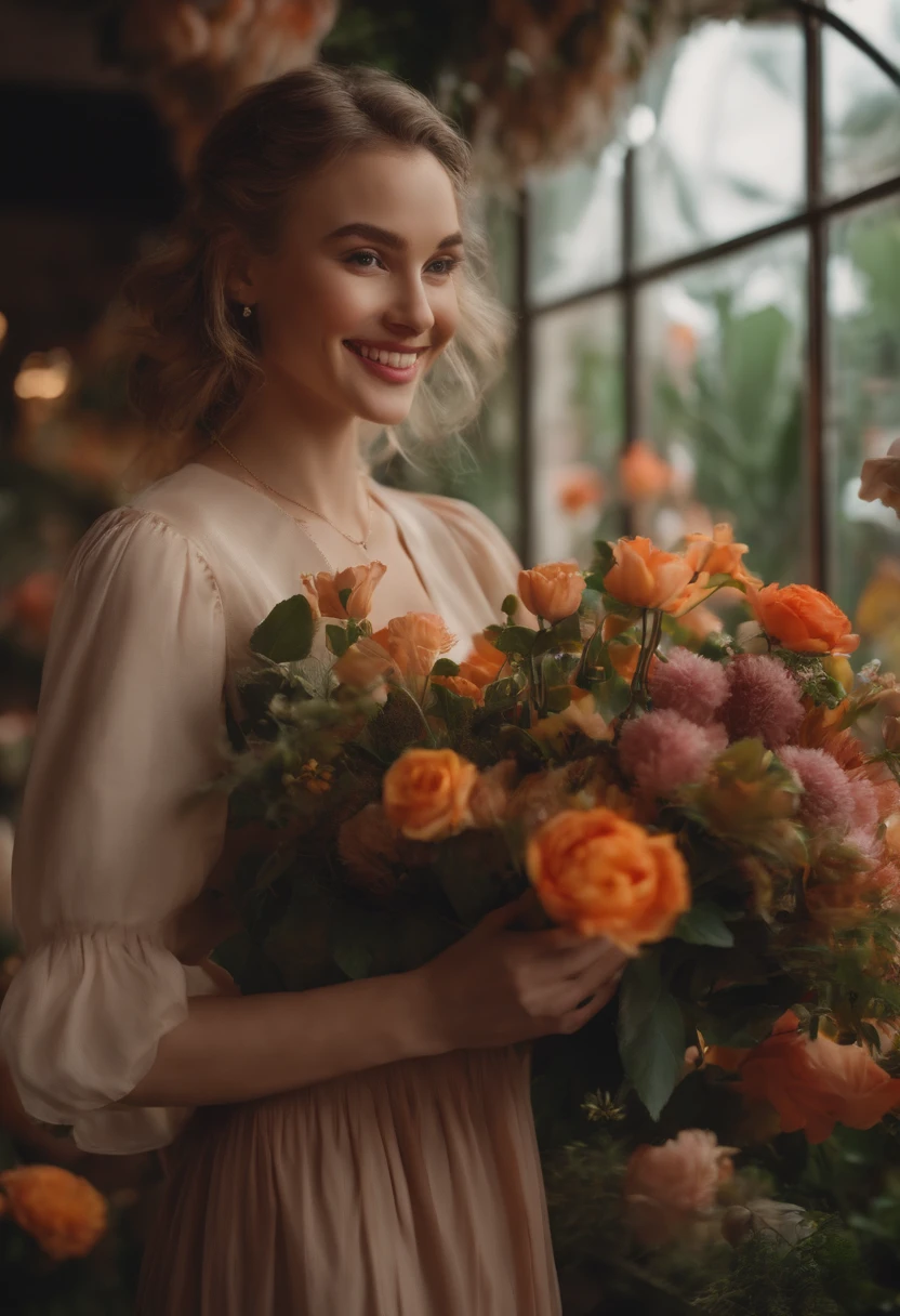 Very stylish high-end florist,Botanical shop,Very spacious,A girl holds a flower in her hand,full bodyesbian,A big smile。