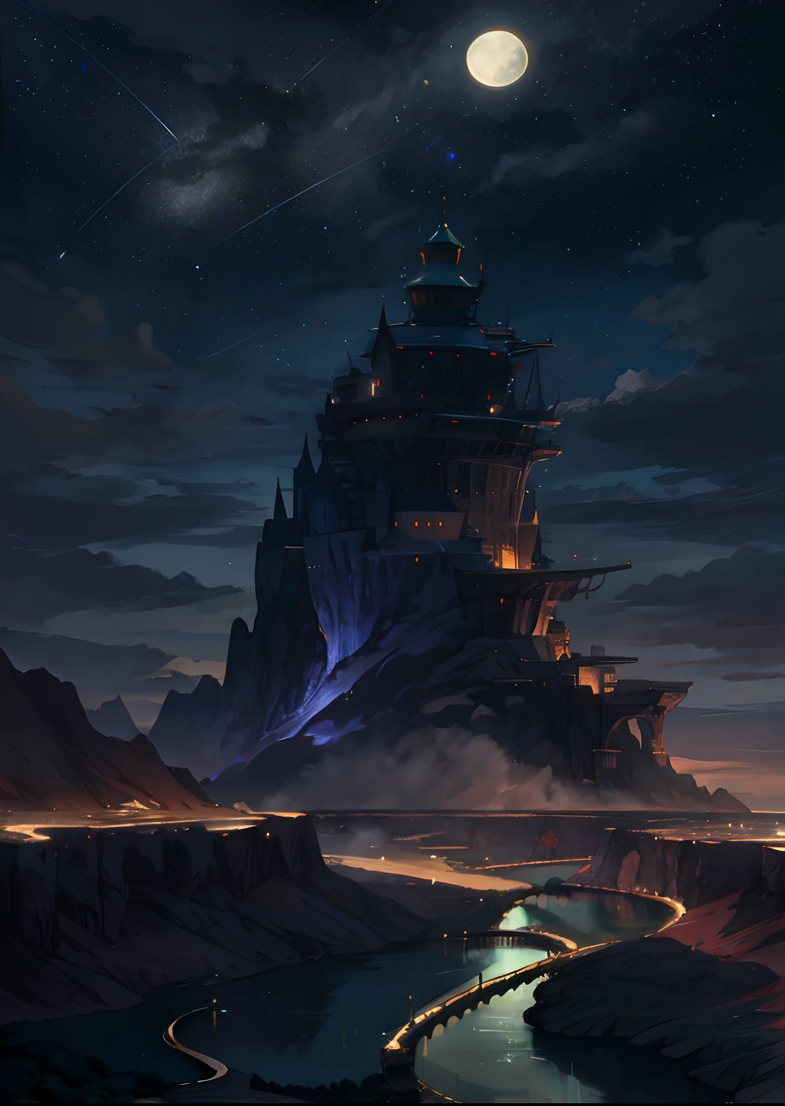 Painting of a river with stars and moon floating in the sky、Concept art inspired by Mitsuoki Tosa、pixiv contest winners、top-quality、Fantasyart、beautiful anime scene。Dream painting、Anime Background Art、Fantasy landscape art、Dreamy night、anime backgrounds、background artwork、dreamlike art、atmospheric anime、starrysky、details enhanced。【a moon:1.5】(One Moon)