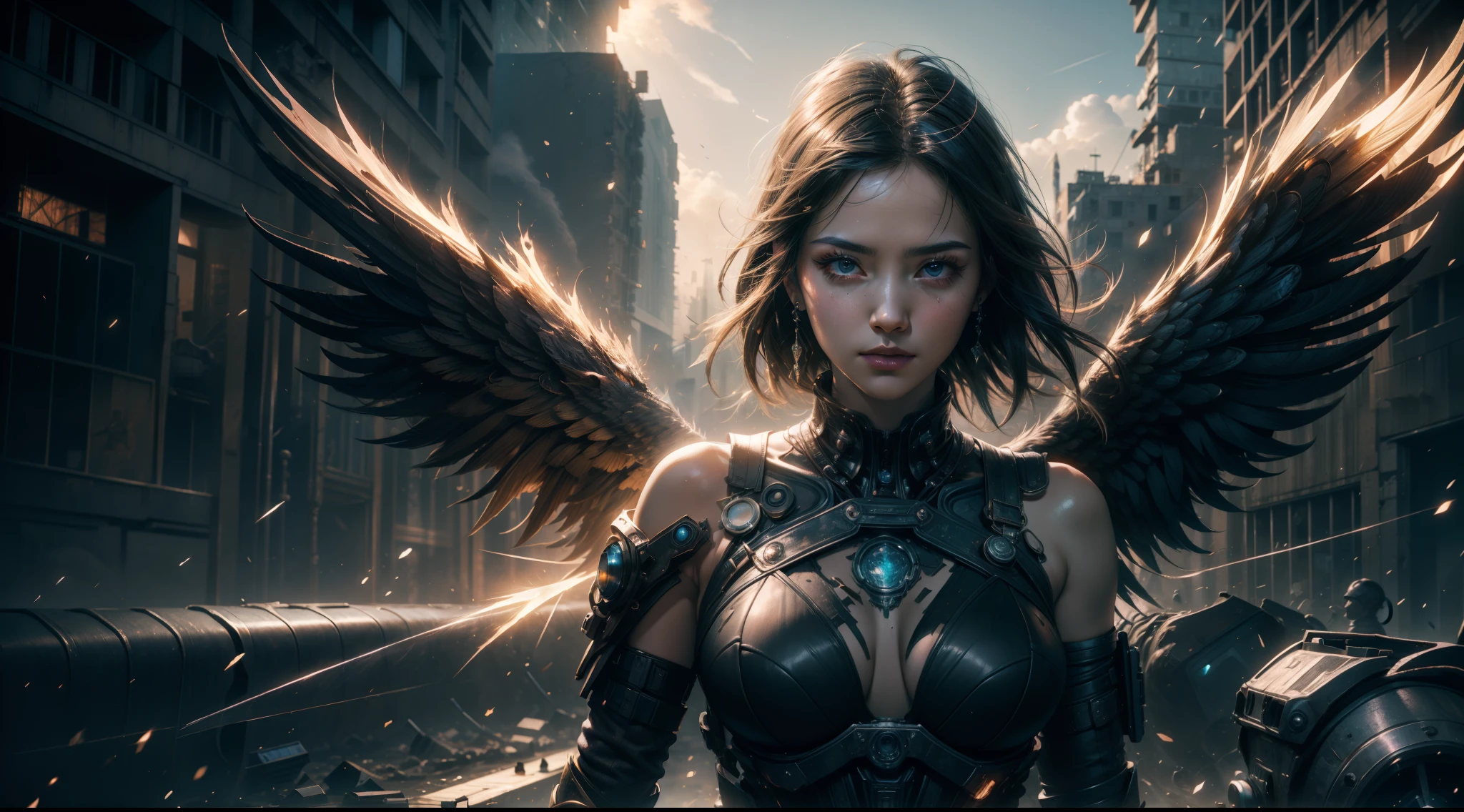 ((best qualtiy)), ((tmasterpiece)), ((Realistis)), (A detailed), (realisticlying:1.5),illusory engine, (High detail: 1.9),(femele:1.4),(big breasts beautiful: 1.4),(carismatic:1.3), (Large breasts), Female angel,Black feathered wings,beuaty girl,beauitful face, looking at viewert, dynamicposes, postapocalyptic, Destroyed city background, scientific fiction, hdr, Ray traching, NVIDIA RTX, Hyper-Resolution, Unreal 5, sub surface scattering, PBR textures, Post-processing, Anisotropic filtering, depth of fields, Maximum clarity and sharpness, trichotomy,8K original,(Luminous Particle:1.4),(VerydetailedCG,Unity 8k壁纸,cinmatic lighting,lens flare glow),Reflectors,Sharp focus,black toga,Raised sexy