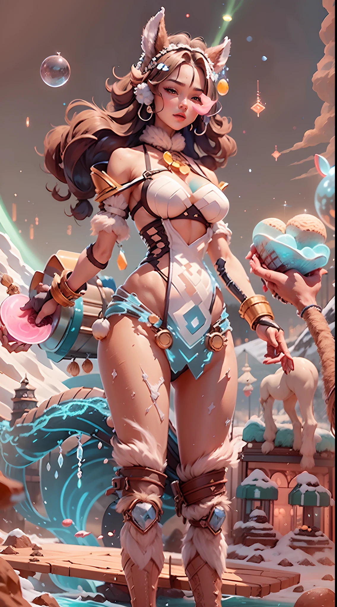 In a very grand scene,The extra-large wide-angle lens captures the appearance of a female centaur。She is tall,It has the ultimate curvy beauty,The muscles are slender and firm,Beautiful lines。Her facial features are tough and coquettish,Always with a sunny smile。(She wears a cartoon-style chocolate ice cream cone costume:9.9),Step on ice-cream-style sky-hating heels,Delicate ice cream decorations are worn on the hands, feet, wrists, neck and shoulders。The colorful ice cream-style premium vehicle around you flashes neon,Let her exude a charming brilliance。Use Midjourney's advanced tools,Design special ice cream appearance equipment for female centaurs,Highlight her unique physiological characteristics and appearance details,Add realism。And in her adventure scene,Spectacular views of nature,Such as the sky where storms and sunny days alternate、Brilliant rivers of stars and auroras、The snow-capped summit of Mount Everest、Fireworks in the mountain town, etc。ao mesmo tempo,Away from the hustle and bustle of Long Beach Pier is a neon-lit spaceship docked,Create a fantastic scene。Use Midjourney's advanced tools and multiple color palettes、Brush Strokes、Texture tools and model packages,It shows a sense of atmosphere where beauty and charm coexist。The charm of the female centaur is highlighted through color and lines,Enhance realism with detailing,Create a surreal dreamy feeling。Additionally,Use Midjourney's tools to add ice cream skins, gear and cultural trinkets to female centaurs,Create intricate hairstyles and outfits,Give her a sense of premium。She never flinches,Regardless of the terrain,can respond quickly,Even the extreme geography and dangerous terrain of aliens cannot stop her。Use Midjourney's powerful tools,You can do it with incredible detail and beauty,Bring this ultra-grand and beautiful scene to life。Ultra-grand scenes,super wide shot, hdr,(真实感,Masterpiece quality,best qualtiy),