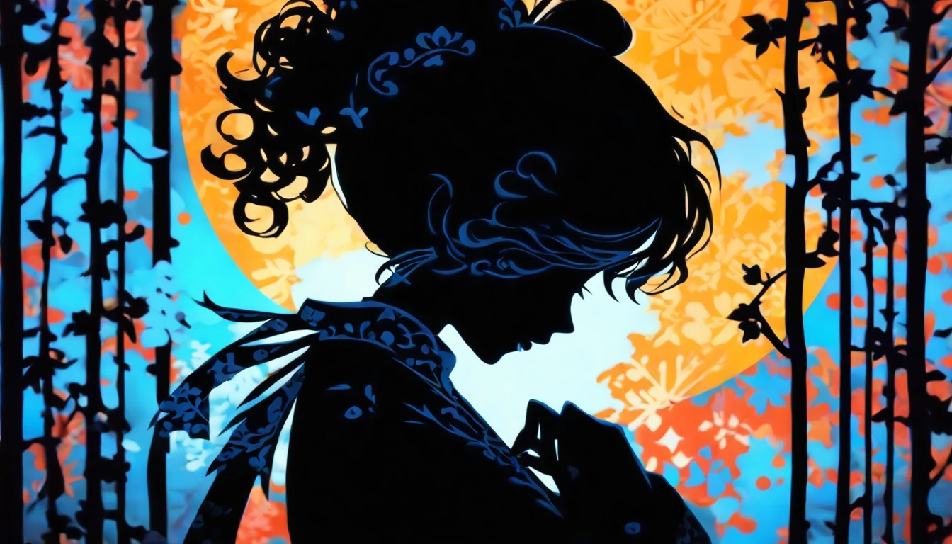(Silhouette Art,cutouts:1.6)
(((Paper cutting art,A world where only black exists:1.3)
(Cowboy Shot),1 girl,Solo,
(Kimono Girl,profile:1.2),white, Clear and beautiful face,
BREAK
(1 light blue snowflake)
Textured glass background,