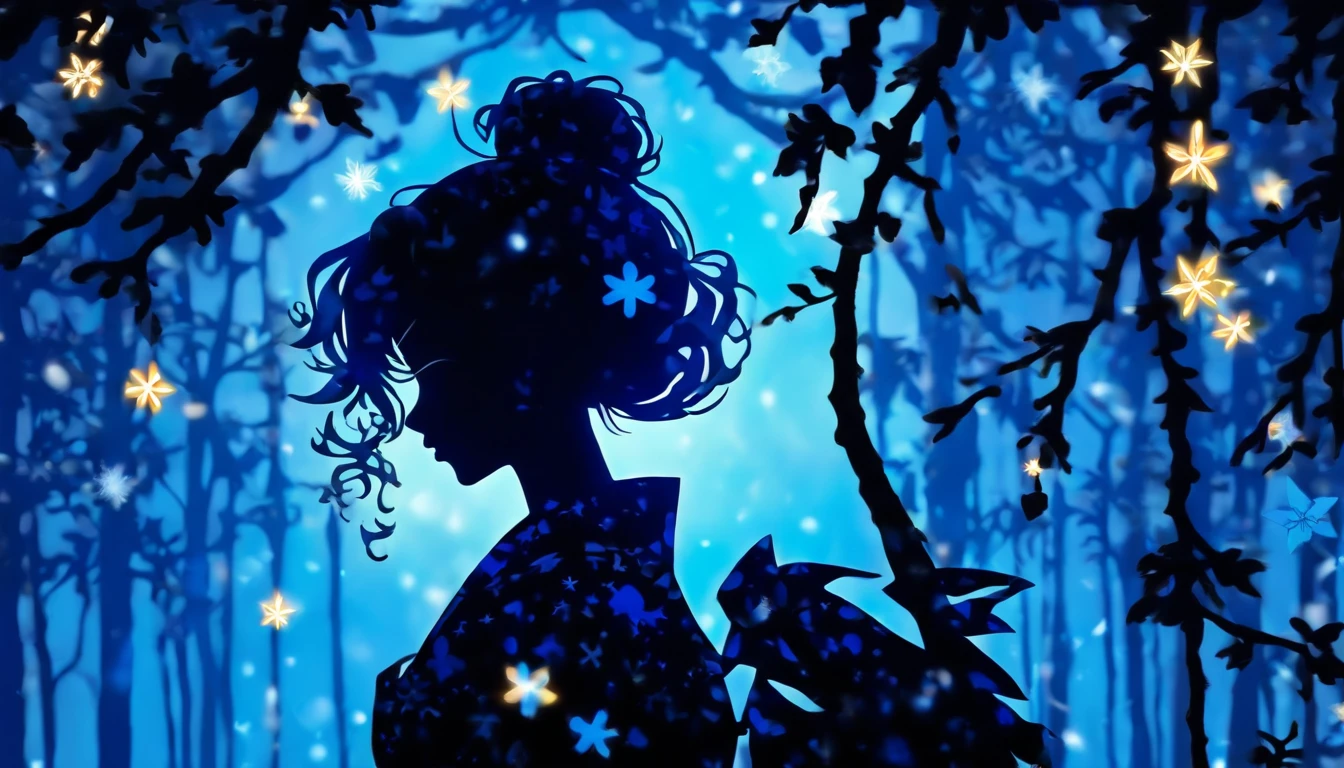 (Silhouette Art,cutouts:1.6)
(((Paper cutting art,A world where only black exists:1.3)
(Cowboy Shot),1 girl,Solo,
(Kimono Girl,profile:1.2),white, Clear and beautiful face,
BREAK
(1 light blue snowflake)
Textured glass background,