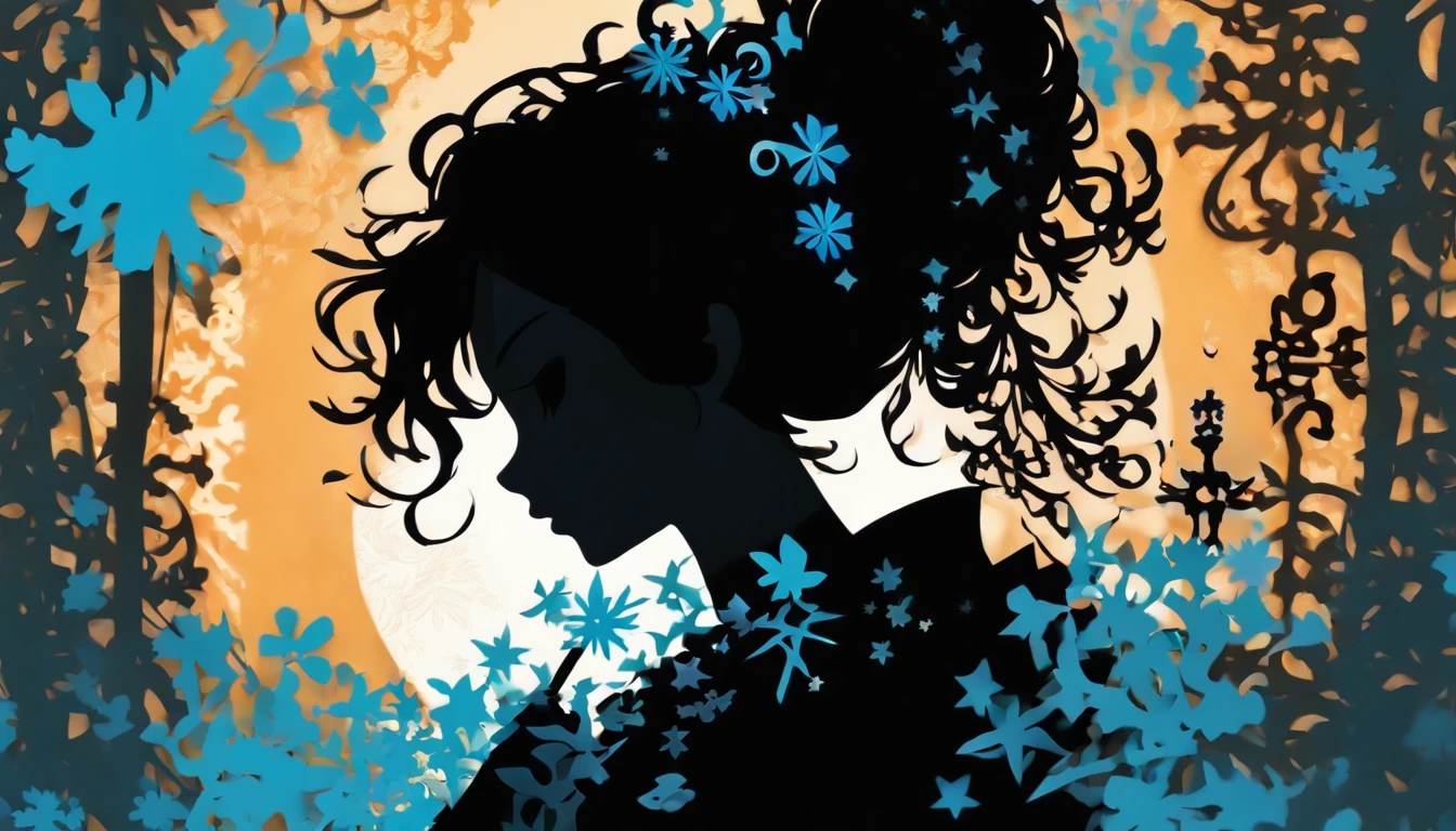 (Silhouette Art,cutouts:1.6)
(((Paper cutting art,A world where only black exists:1.3)
(Cowboy Shot),1 girl,Solo,
(Kimono Girl,profile:1.2),white, Clear and beautiful face,
BREAK
(1 light blue snowflake)
Textured glass background,