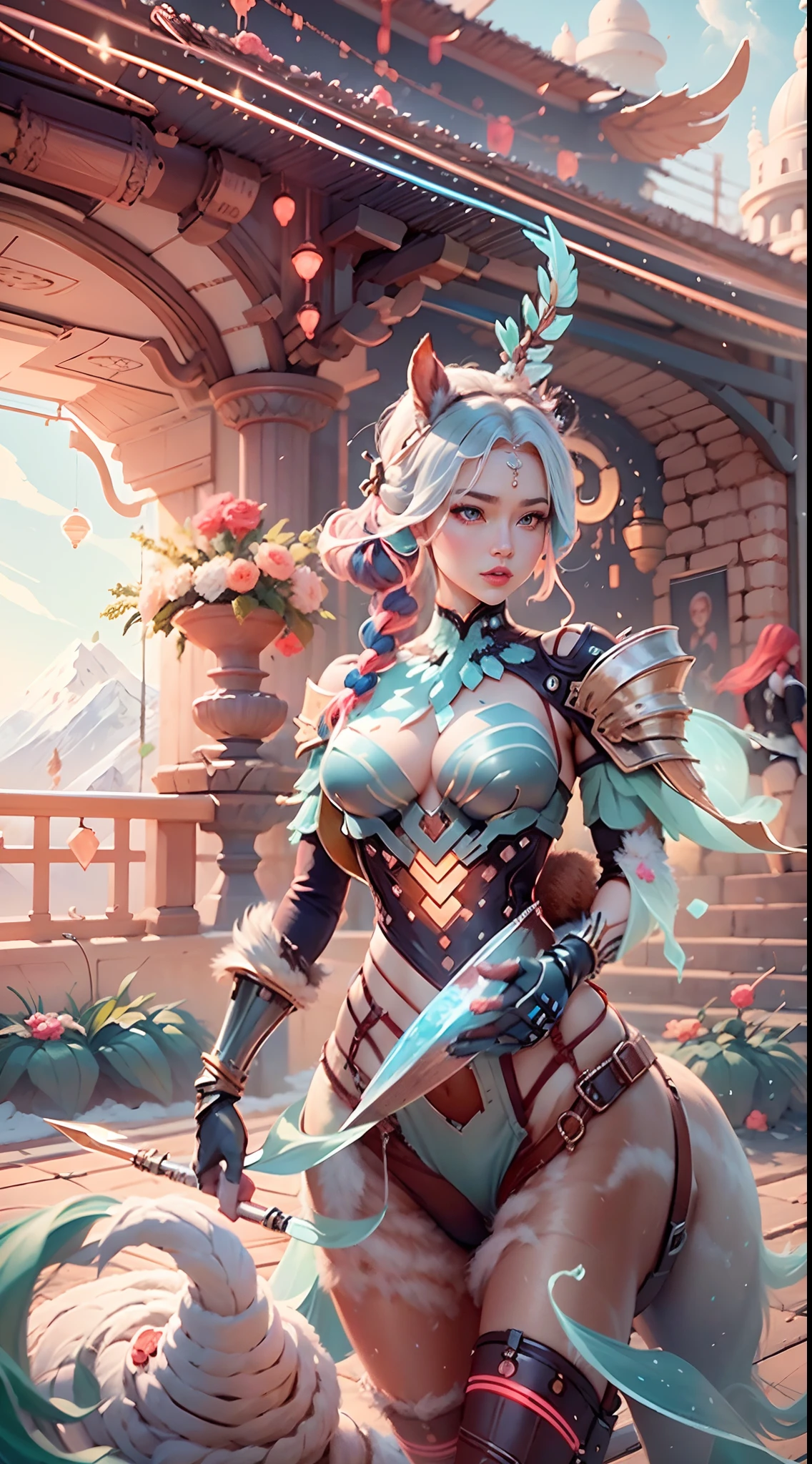 In a very grand scene,The extra-large wide-angle lens captures the appearance of a female centaur。She is tall,It has the ultimate curvy beauty,The muscles are slender and firm,Beautiful lines。Her facial features are tough and coquettish,Always with a sunny smile。(She wears a cartoon-style chocolate ice cream cone costume:9.9),Step on ice-cream-style sky-hating heels,Delicate ice cream decorations are worn on the hands, feet, wrists, neck and shoulders。The colorful ice cream-style premium vehicle around you flashes neon,Let her exude a charming brilliance。Use Midjourney's advanced tools,Design special ice cream appearance equipment for female centaurs,Highlight her unique physiological characteristics and appearance details,Add realism。And in her adventure scene,Spectacular views of nature,Such as the sky where storms and sunny days alternate、Brilliant rivers of stars and auroras、The snow-capped summit of Mount Everest、Fireworks in the mountain town, etc。ao mesmo tempo,Away from the hustle and bustle of Long Beach Pier is a neon-lit spaceship docked,Create a fantastic scene。Use Midjourney's advanced tools and multiple color palettes、Brush Strokes、Texture tools and model packages,It shows a sense of atmosphere where beauty and charm coexist。The charm of the female centaur is highlighted through color and lines,Enhance realism with detailing,Create a surreal dreamy feeling。Additionally,Use Midjourney's tools to add ice cream skins, gear and cultural trinkets to female centaurs,Create intricate hairstyles and outfits,Give her a sense of premium。She never flinches,Regardless of the terrain,can respond quickly,Even the extreme geography and dangerous terrain of aliens cannot stop her。Use Midjourney's powerful tools,You can do it with incredible detail and beauty,Bring this ultra-grand and beautiful scene to life。Ultra-grand scenes,super wide shot, hdr,(真实感,Masterpiece quality,best qualtiy),