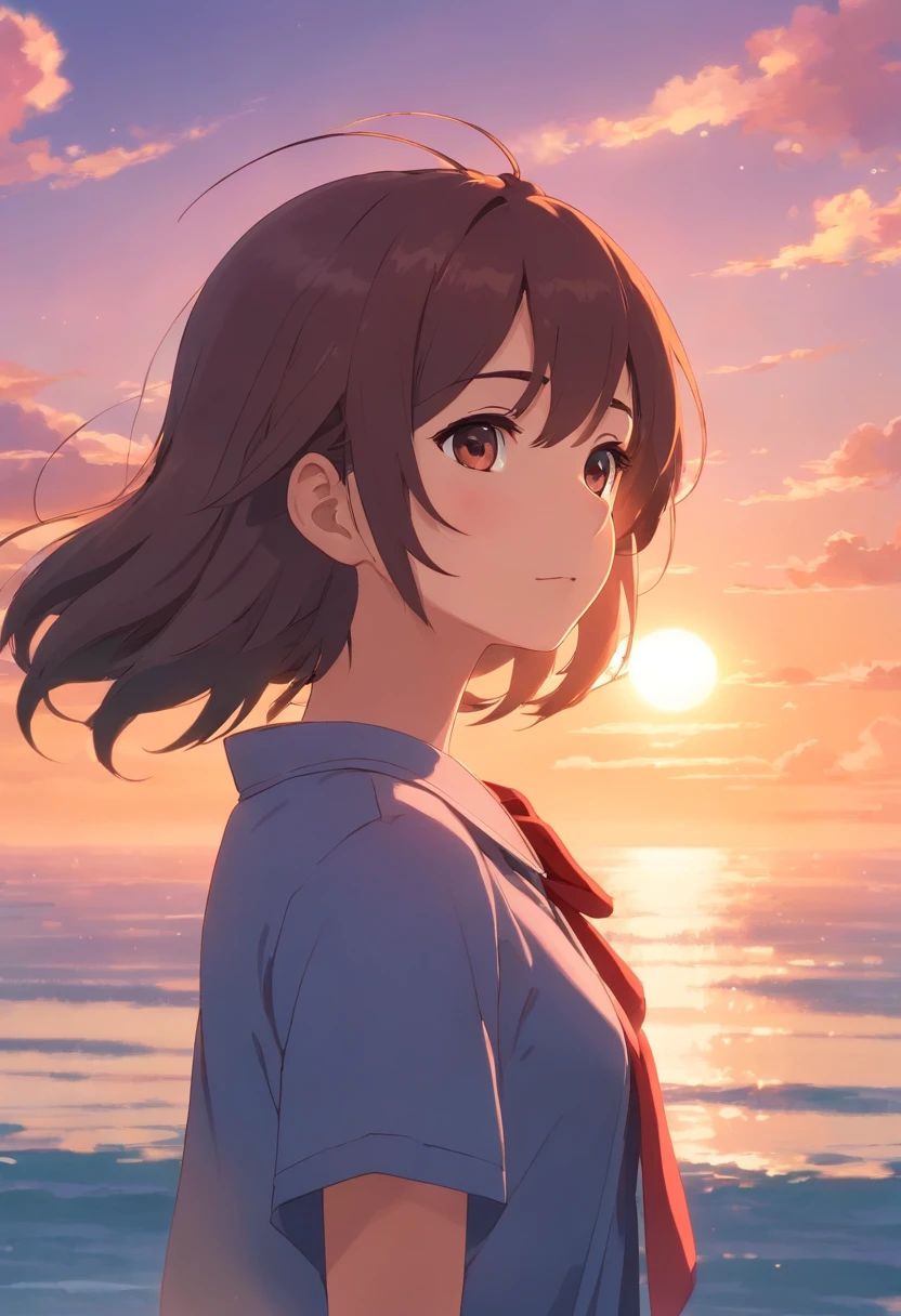 tmasterpiece,best qualtiy,cinematic Film still from,1girl,Cloud Girl,red neckchief,Red flag,Planes,glass,Floating in the sky,closeup cleavage,brightly,cheerfulness,Warm and soft lighting,the sunset,(spark of light:0.7)