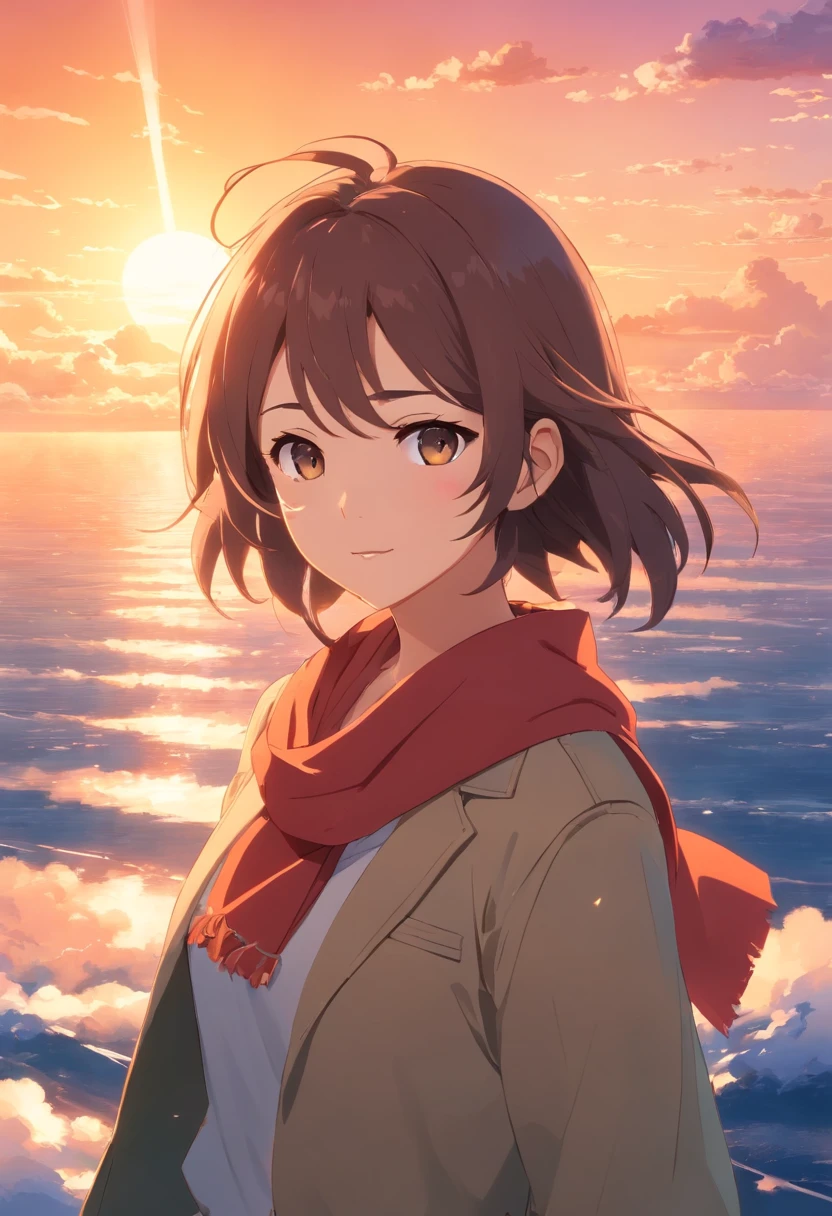 tmasterpiece，best qualtiy，cinematic Film still from，1girl，Cloud Girl，red neckchief，Red flag，Planes，glass，Floating in the sky，closeup cleavage，brightly，cheerfulness，Warm and soft lighting，the sunset，（spark of light：0.7）
