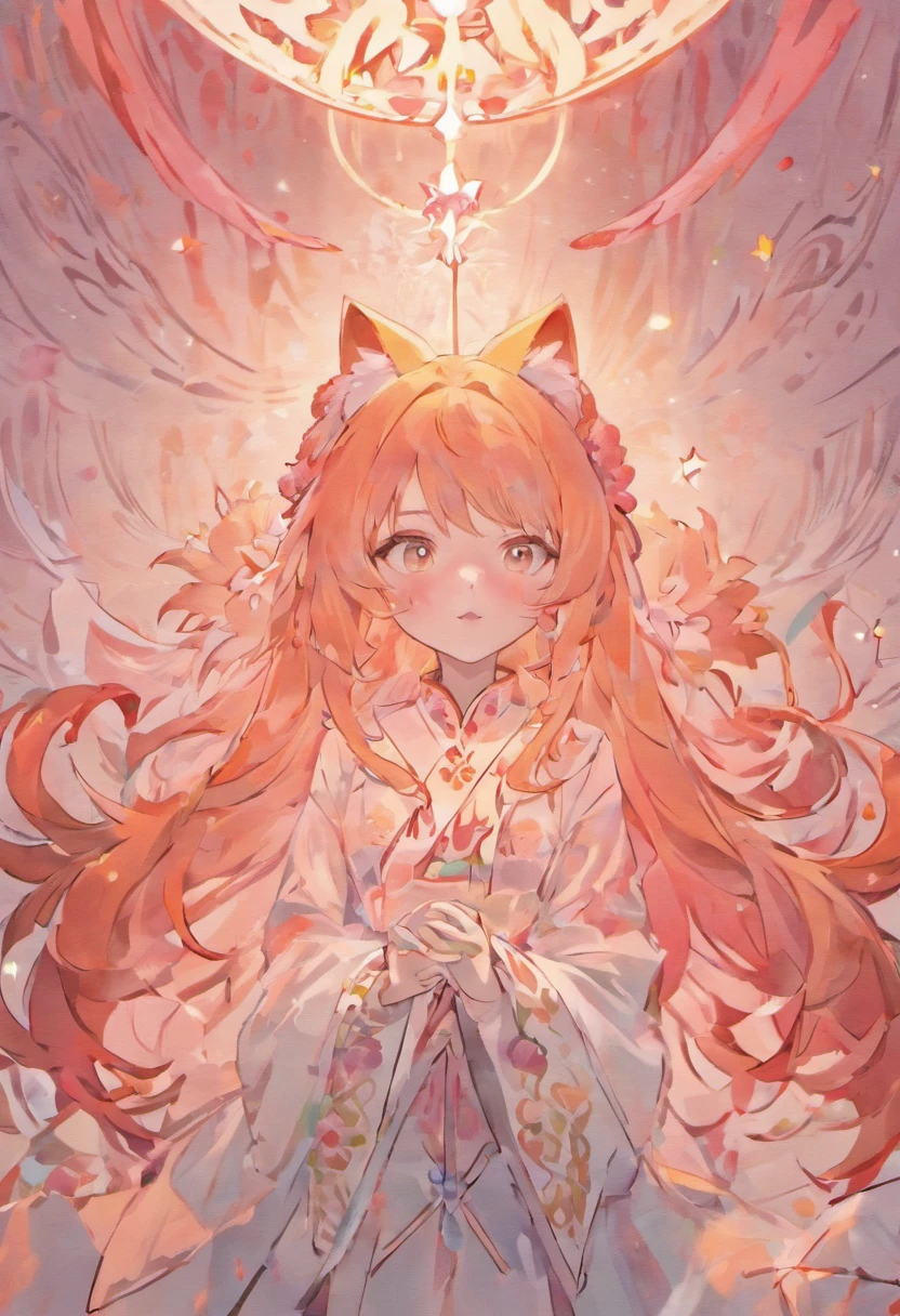 (White background:1.4),(The face of the girl's head, Eyes open, Long pink hair,Pink fox ears,There are nine fluffy fox tails,The tail has a fiery red color at the end, Oriental elements),(Chinese illustration:1.3,paper art:1.3, Quilted paper art:1.2),( reasonable design, Clear lines, High sharpness,Best quality, Very detailed, Masterpiece, movie light effect, 4K )