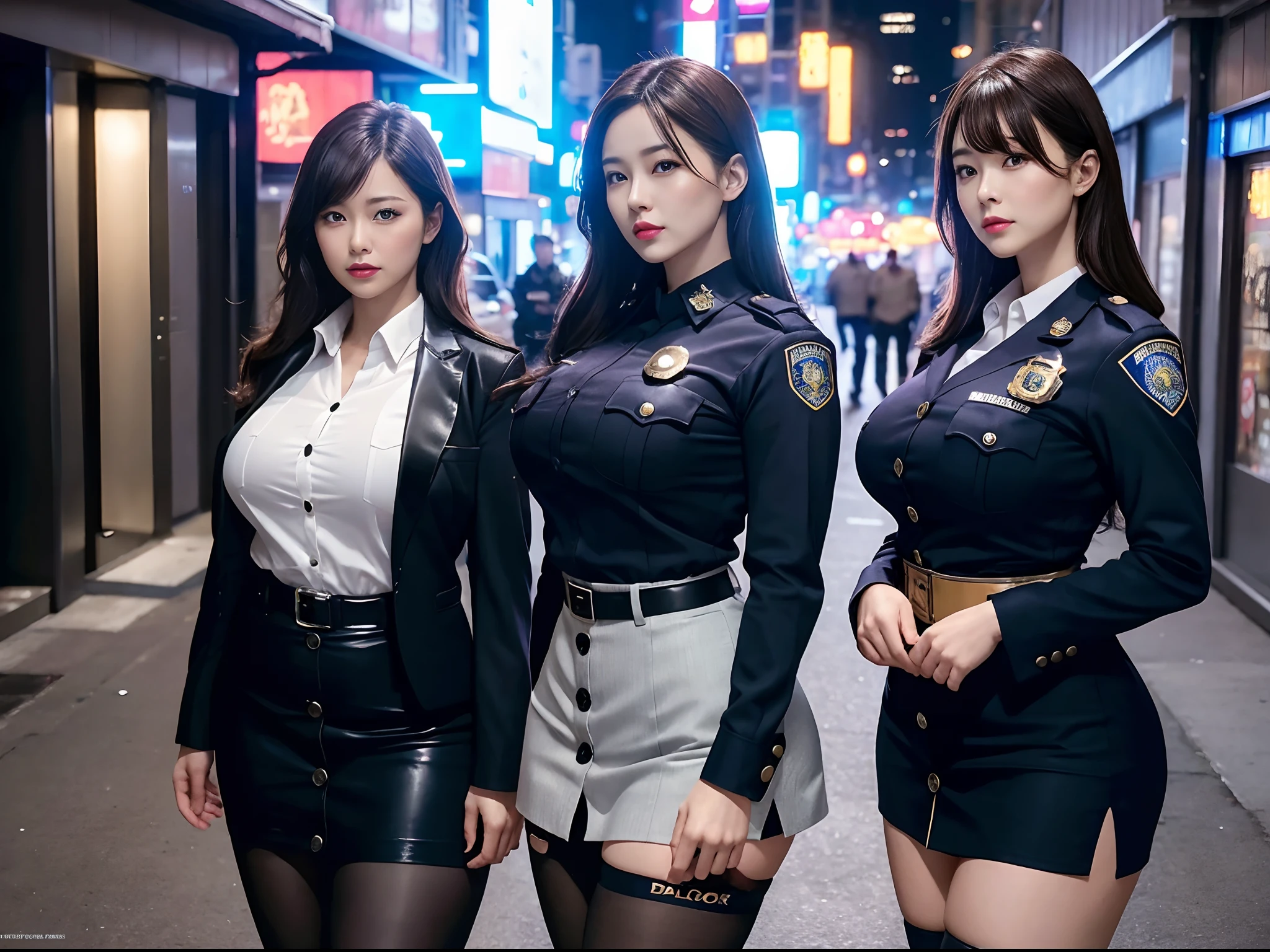 best quality, 8k, highres , masterpiece:1.2, photo-realistic:1.37, super realistic details ,Anatomically correct , Realistic proportions ,extremely detailed face ,chubby girl ,curvy:1.2, looking at viewer ,Just two female police officers:1.2 ,Japanese female police officers, Police Uniforms:1.4 ,short skirt ,confident expression ,messy hair ,huge breasts,(button gap:1.4),police badge:1.3 ,pantyhose , provocative sensual poses, cyberpunk city ,Future Metropolis ,In Narrow alleys of Manhattan, night scene ,No people in the background:1.5 , vibrant colors, serious demeanor, modern equipment, feminine yet authoritative, attention to facial features and makeup