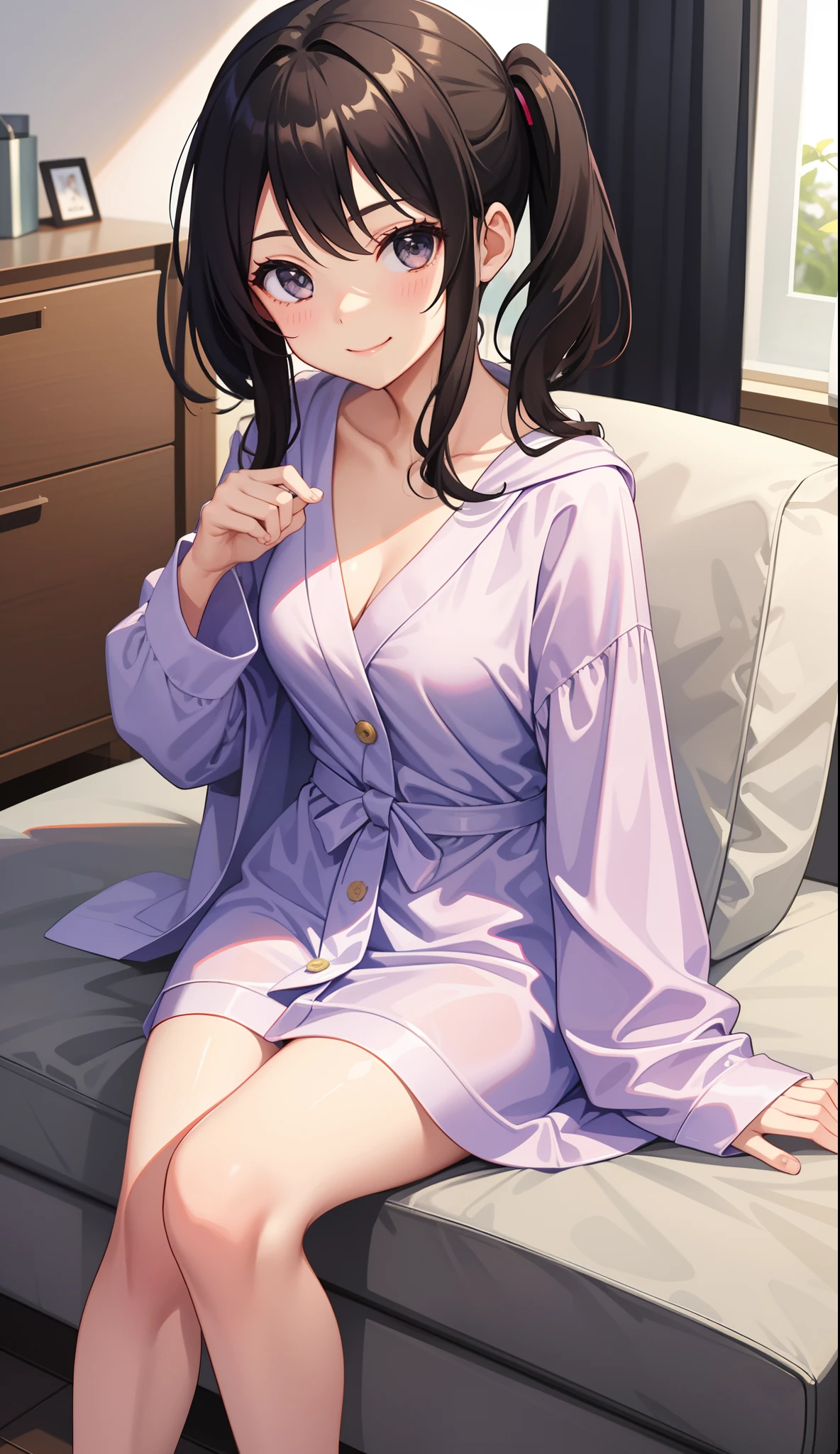 1girl in、AS-Adult、dressing gown、Soft dress、White camisole、Lying in bed、One leg open、Upper body portrait、