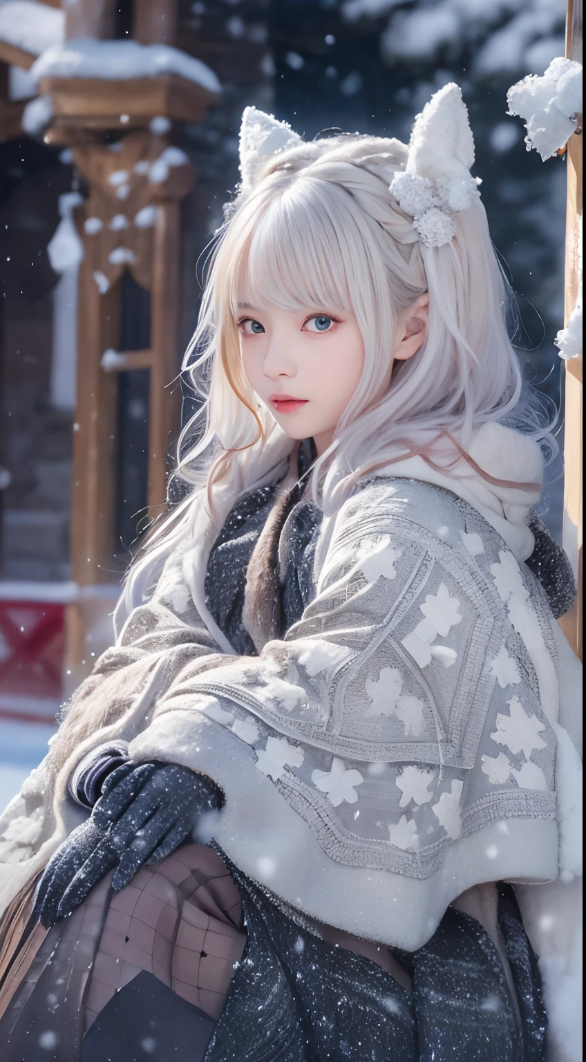in the snowy forest, japanese girl, , little, cute, (white oversized knitted sweater:1.3), snowing,pupils sparkling, silver short hair, realistic Portrait, depth of field, f/1.8, anatomically correct, textured skin, super detail, high details, high quality, super detail, high details, high quality, best quality, highres