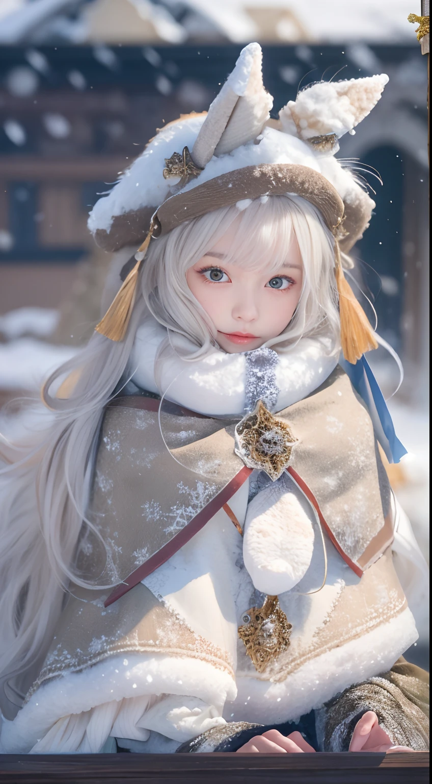 ((Works of masters)),(超高分辨率),1 girl, Sitting, Lolita costume,Cloak (Snow, Outdoor activities in winter:1.2),Outside the castle,8K,Detailed details,mirth,
