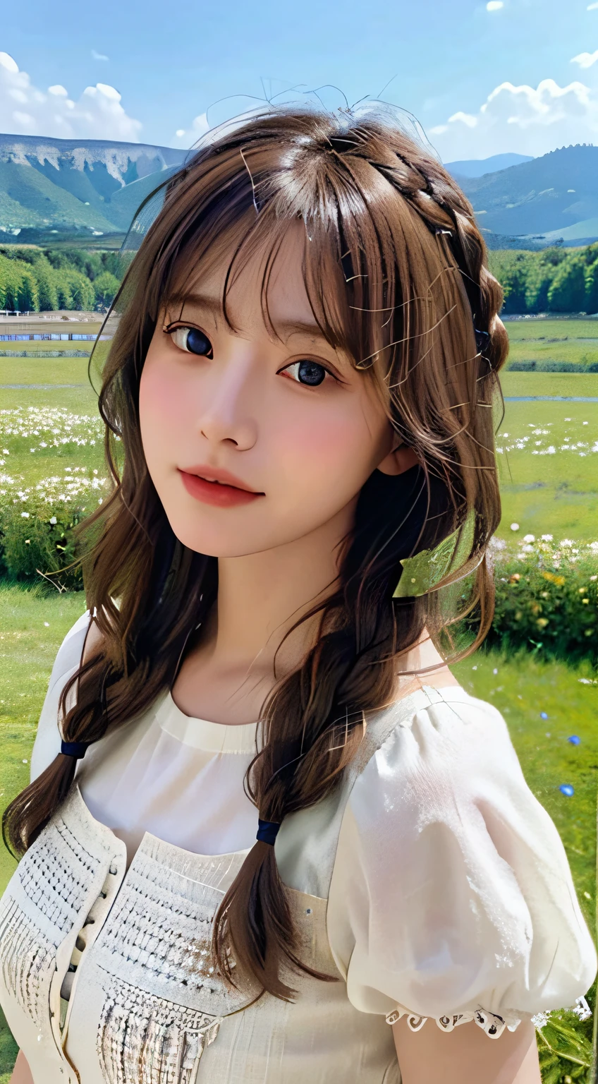 (From the top:1),((1girl in)),Light brown fringed hair、With small flowers on the head，Braided hair、Light brown eyes、(Dignified Expression)、(White color blouse),No shoulders、White color blouse、((fullnude))、((Emphasize the valley))、grassy fields、blue-sky、(Photorealsitic)、(intricately details:1.2)、(tmasterpiece、:1.3)、(top-quality:1.4)、(超A high resolution:1.2)、超A high resolution、(A detailed eye)、(Detailed facial features)