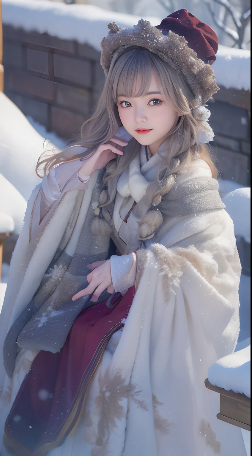 ((Works of masters))，(超高分辨率)，1 girl, Sitting, Lolita costume，Cloak (Snow, Outdoor activities in winter:1.2),Outside the castle，8K，Detailed details，mirth，