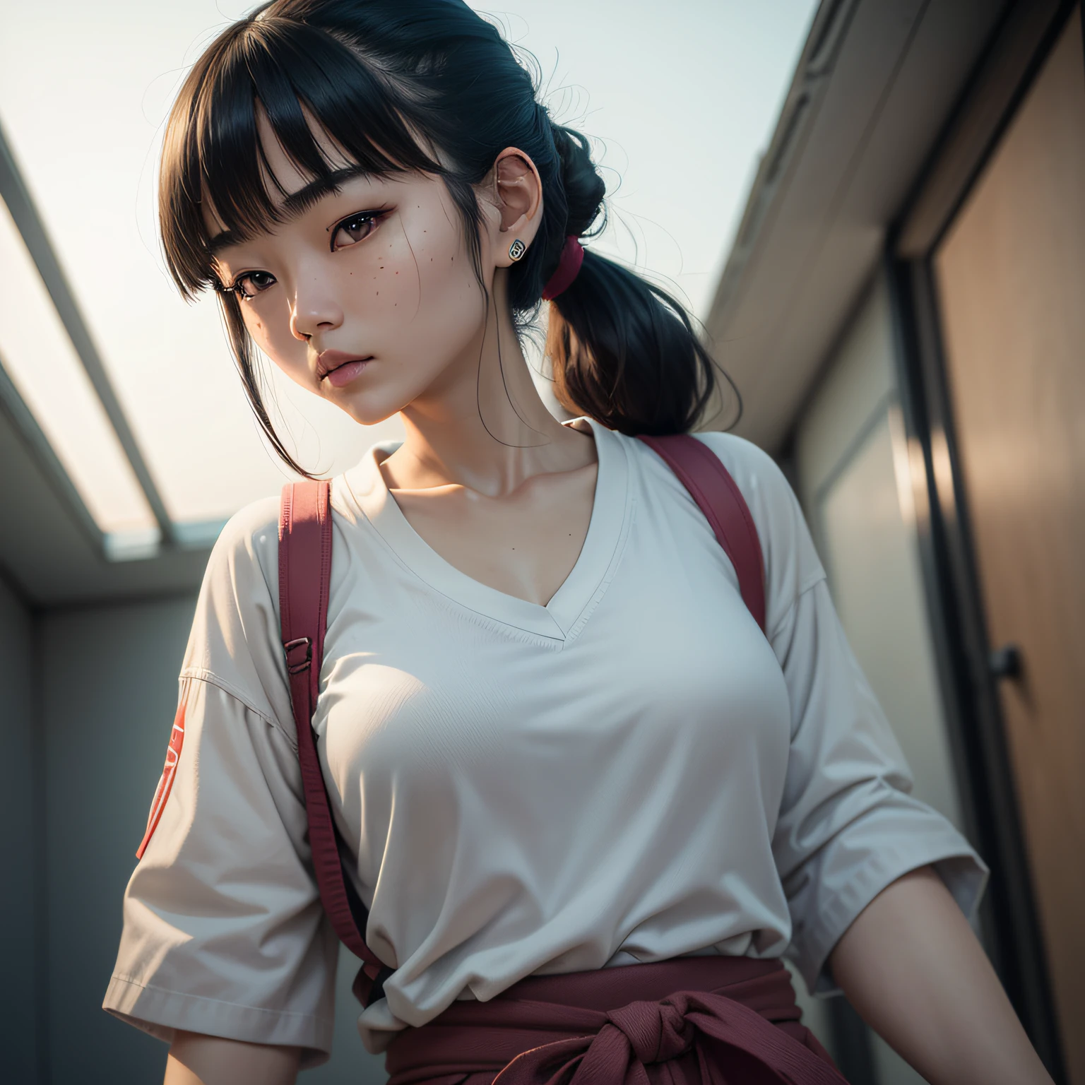 Japan Woman, Asian face, eighteen years old, Girly, blunt bangs, ponytail, black hair, topknot, hair rings, blunt bangs, mole under eye, mole under eye, Wide-Angle, Surrealism, cinematic lighting, ray tracing, first-person view, UHD, anatomically correct, high details, best quality, highres, high quality, textured skin, ccurate