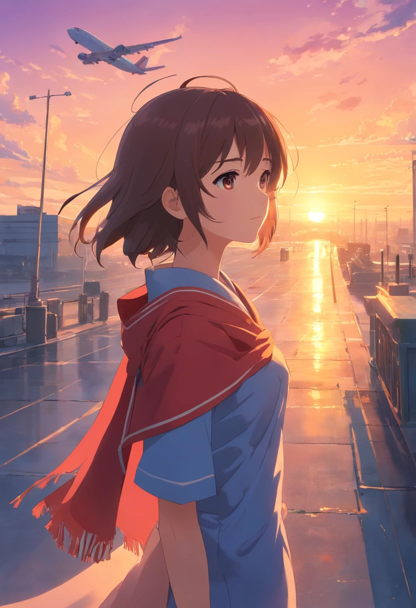 tmasterpiece,best qualtiy,cinematic Film still from,1girll,Cloud Girl,red neckchief,Red flag,Tiananmen square,Planes,glass,Floating in the sky,closeup cleavage,brightly,cheerfulness,Warm and soft lighting,the sunset,(spark of light:0.7)