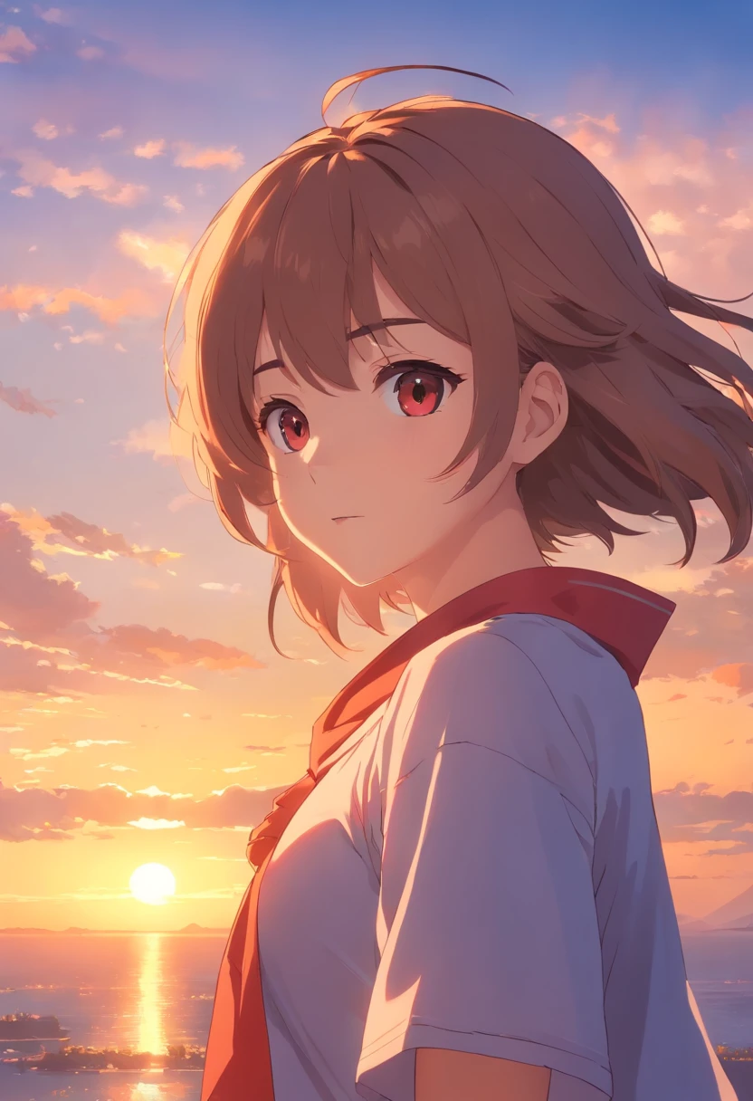 tmasterpiece,best qualtiy,cinematic Film still from,1girll,Cloud Girl,red neckchief,Red flag,Tiananmen square,Planes,glass,Floating in the sky,closeup cleavage,brightly,cheerfulness,Warm and soft lighting,the sunset,(spark of light:0.7)