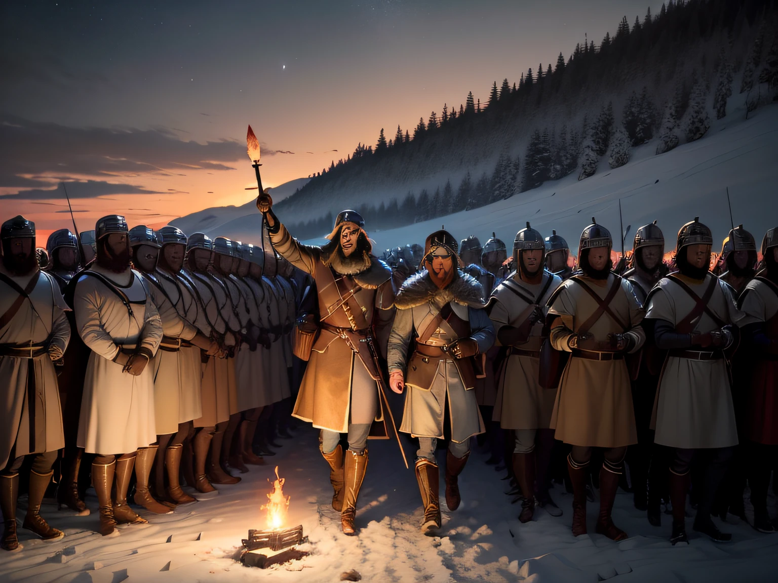 Generate vast wilderness night landscapes, Roman soldiers marched in formation, The apostle Paul, Paul chains and chains, Escort Paul, 70 Roman soldiers, , Holding a torch, Rush under the moonlight, Create tension, High detail, Photoreal