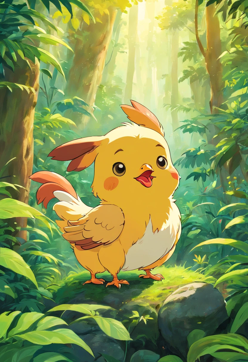 This is a movie poster，Cinnamon dog adventures in the jungle with a baby yellow chicken，Full of fantasy elements