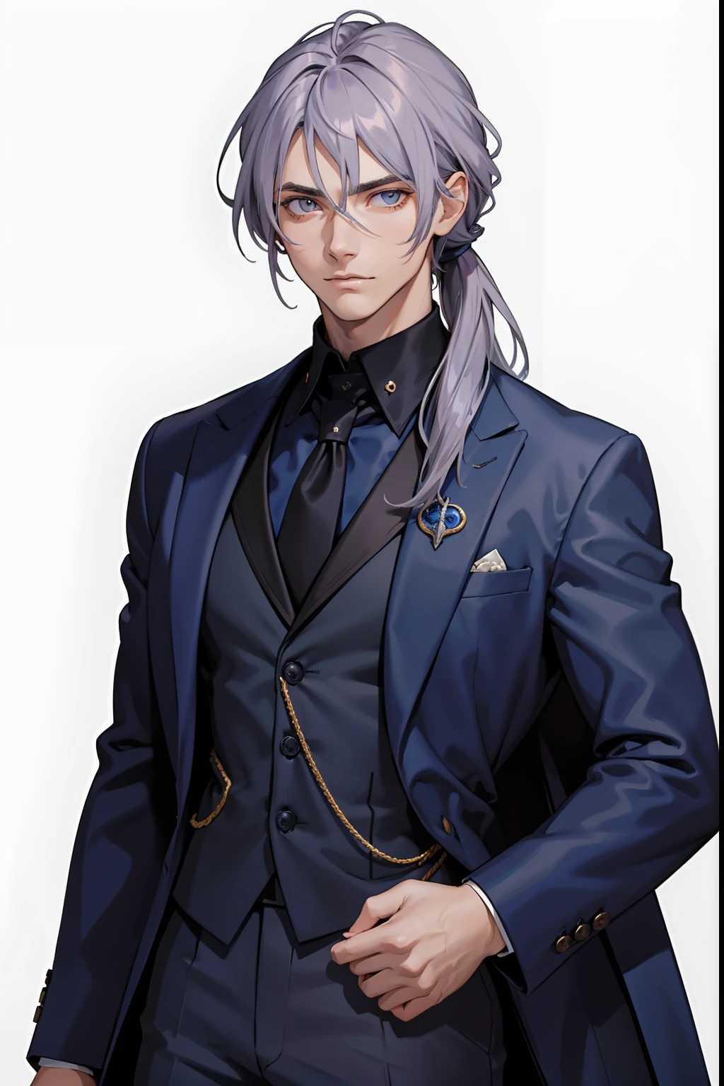 (from front), cowboy shot, portrait of a man in his 20s, 28 years old man, mysterious, melancholy, standing, ((standing bolt upright)), ((dark blue three-piece suit)), ((hair between eyes)), long side hair, bangs, ((looking at the viewer)), messy hair, shoulder length hair, ((lilac gray hair)), pale skin, dark brown eyes, game graphic, white background,