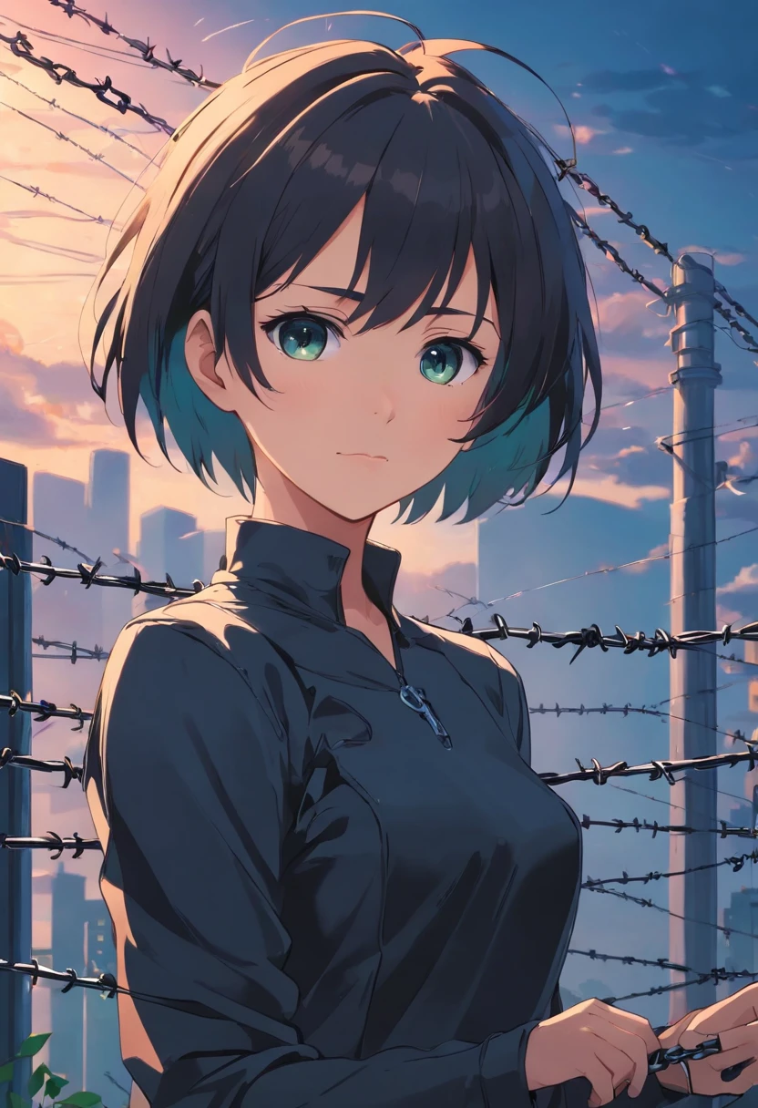 Girl dressed in black,There is barbed wire next to the body, Cybergothic, Short hair with straight bangs, The chains pass through the folds on the body and neck