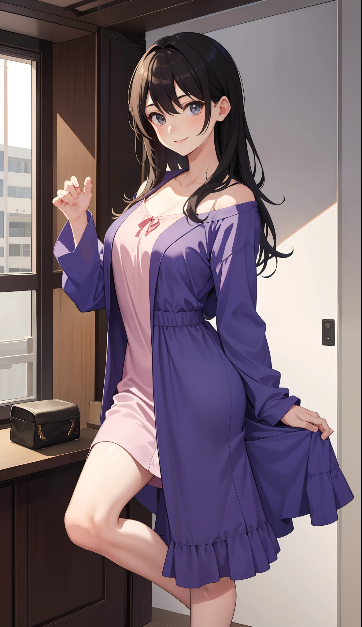 1girl in、AS-Adult、A smile、dressing gown、Cute loungewear、