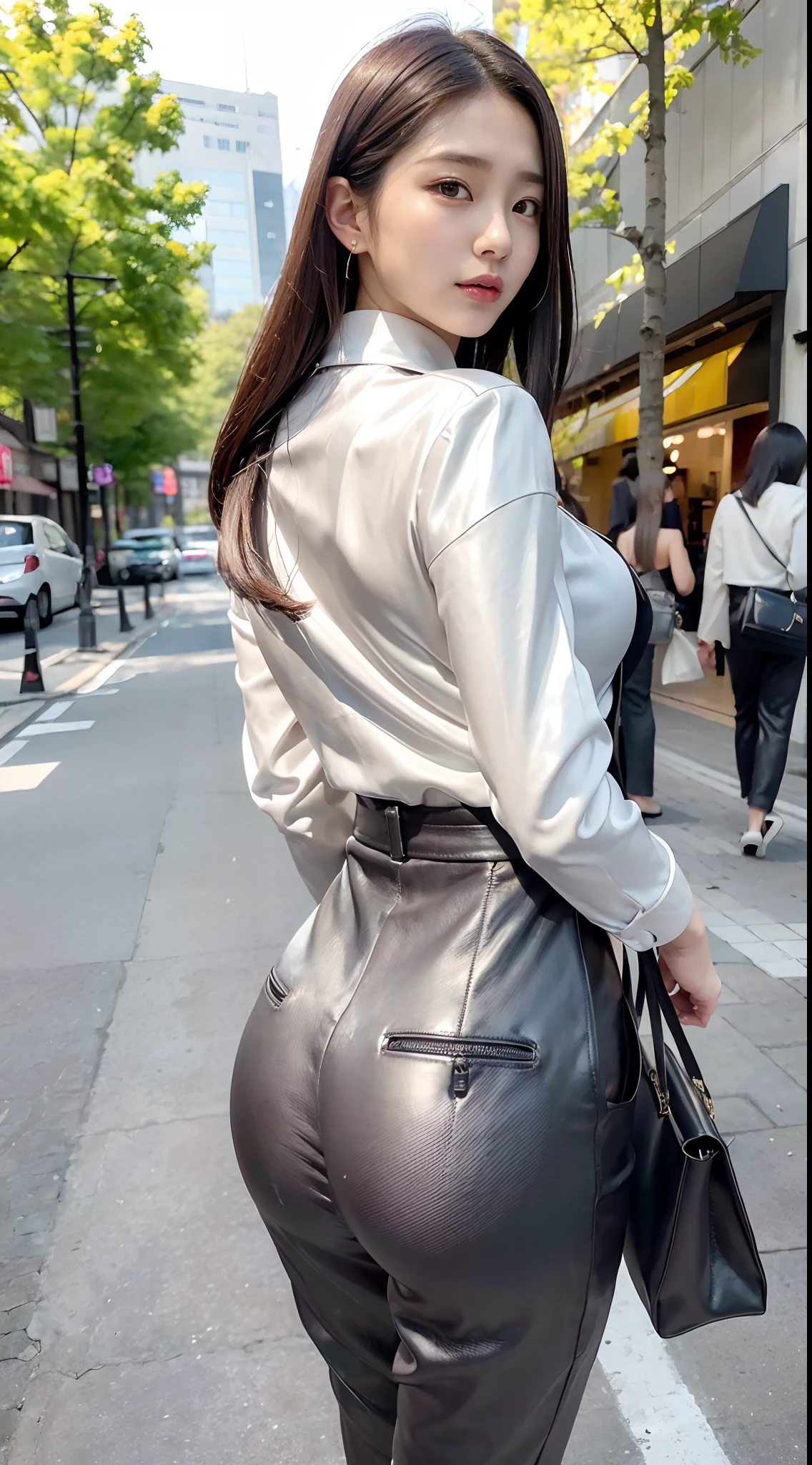 mix4, (16 K, Raw photography, Top image quality, masterpiece: 1.45), (realisitic, Photorealsitic: 1.37), one girls, 7.5, etc,cute little, A city scape,, profetional lighting, photon maping, Downtown Shibuya, physically-based renderingt, Gradient black hair,, a handsome, girl with, (((Satan fabric gray suit、Satin fabric trousers are visible、Fabric grey jacket))), Top Quality Photos, hight resolution, 1080p, (clearface), (Detailed face description), (Detailed hand description), (masterpiece), (Exquisite CG)、extreme light and shadows、dishevled hair、master work、abundant detail、(Fine facial features)、(top quality photo)、(masuter piece)、(A detailed eye)、Look in front of you、Fine clavicle、((Slender big))、((Silk White Blouse)))、((Sexy Idol System))、((Gingko tree-lined shopping street))、(Shooting from random perspectives)、(((Anyway cute)))、耳Nipple Ring、A big smile、Drawing the whole body from the knees、Do not draw nasolabial folds、(((Leather bag)))、Big breasts that hang down big、Big buttocks with tension、Two legs、(((facing back:1.3)))、bare hand、Blouse buttons expose cleavage without stopping、