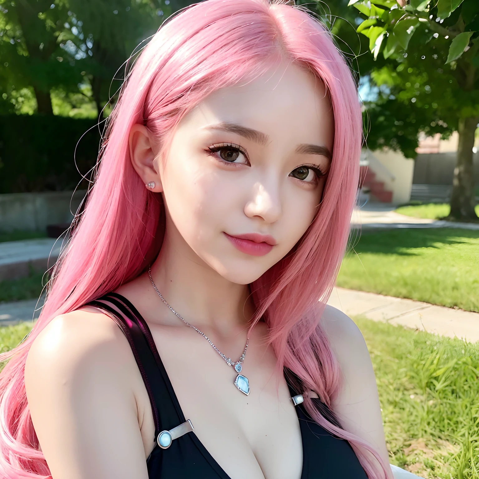Masterpiece, Beautiful, Indonesian Baby Face, 20 Years Old, red lipstick, sensual Lipstick, Sensational Make up, make up artist, Colossal Chest, White Skin, Pose, Cleavage, White Maid Outfit, Blue Eye, Muscles:1.3, Outdoor, Bokeh:1.3, pink Hair, Adorable, Smiling