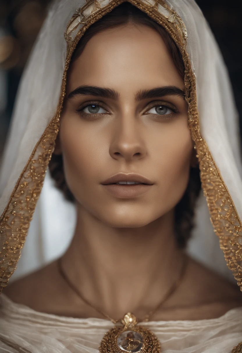 A closeup of a woman wearing a white veil and a gold necklace, majestosa mulher de santo, unreal engine render + uma deusa, Virgem Maria, Karol Bak de Emma Watson Nun, cinematic goddess close shot, Mulher judia bonita, retrato muito bonito, deusa bonita, Um retrato impressionante de uma deusa, donzela bonita, uma mulher bonita no branco, retrato close-up da deusa