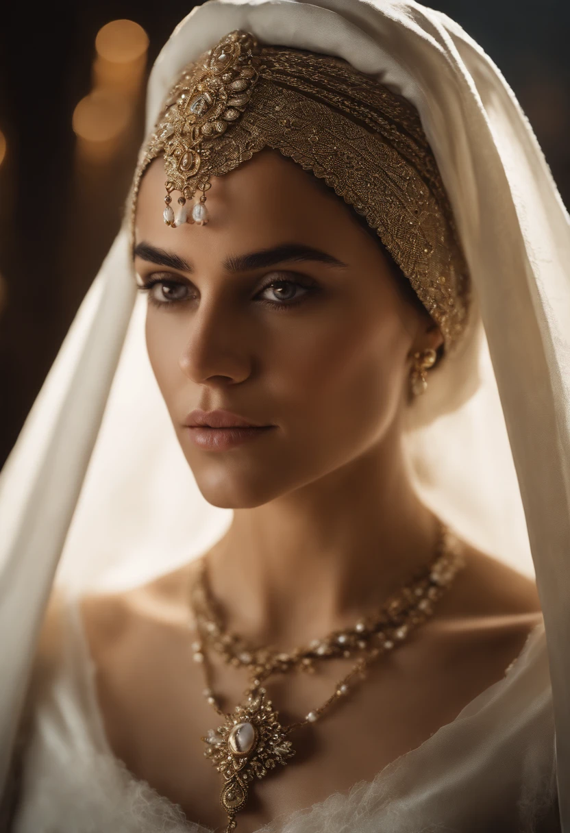 A closeup of a woman wearing a white veil and a gold necklace, majestosa mulher de santo, unreal engine render + uma deusa, Virgem Maria, Karol Bak de Emma Watson Nun, cinematic goddess close shot, Mulher judia bonita, retrato muito bonito, deusa bonita, Um retrato impressionante de uma deusa, donzela bonita, uma mulher bonita no branco, retrato close-up da deusa