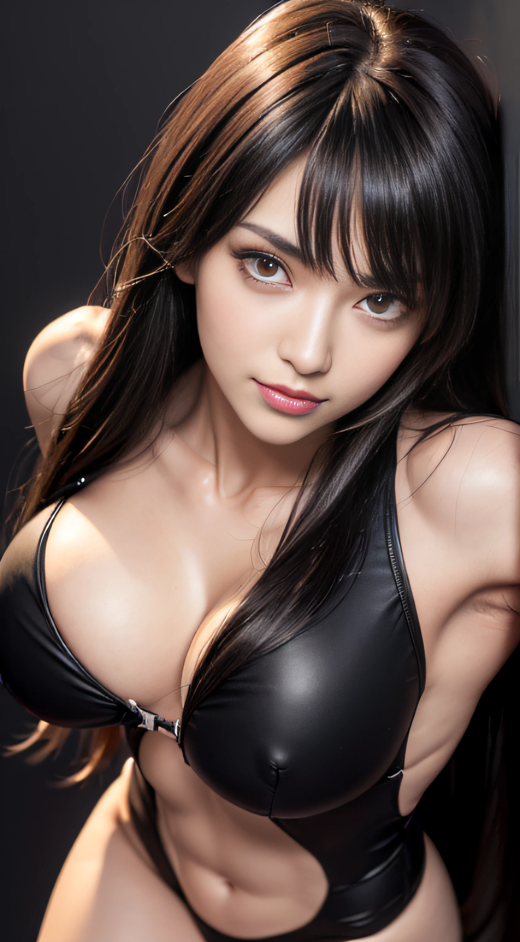8K, Top Quality, Intricate Details, Ultra Detail, Ultra High Resolution, Masterpiece, view from above, Slender, Smile, (Makeup: 0.4), (Fluffy Res Eyes: 1.21), Red Eyes, looking at viewer, ((full body)), 1girl, solo, 1 girl, ((close up shot, )), detail nipple, ((hard nipple )), feminine and sexy posture, ((tall)), (((fit body))), (((slim face))), sharp face, sharp eyes, (((black hair, long hair, side bangs)) (detailed face), sharp face, small lips half open strawberry lips, pureerosfaceace_v1,
((evangelion suit )), detailed face, detailed breast, Beautiful girl with accentuated slender abs: 1.4, Six Pack Abs: 1.4, Bust Botox, Big, Perfect Body, detail leg, (Dark Night Background: 1.2)