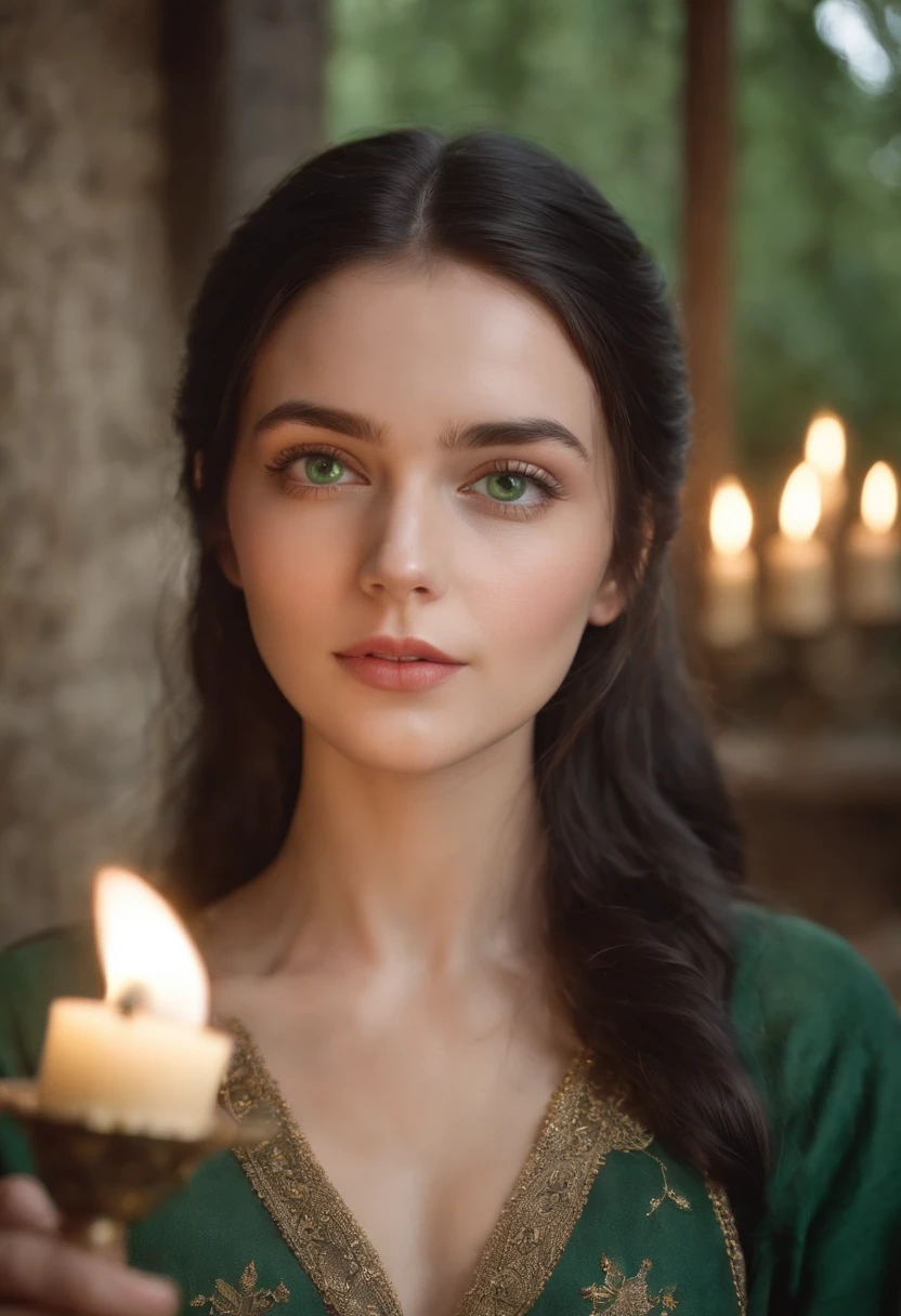 fair complexion, woman around 19 years old, natural black hair, distinctive green eyes, full body, wearing kohl, slender and graceful, beautiful, candlelight in a medieval setting, ultra sharp focus, realistic shot, medieval female clothes, tetradic colors