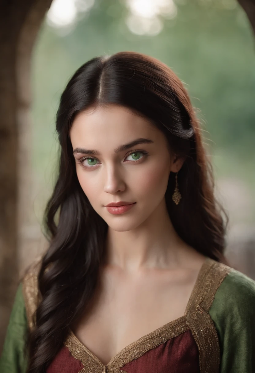 fair complexion, woman around 19 years old, natural black hair, distinctive green eyes, full body, wearing kohl, slender and graceful, beautiful, candlelight in a medieval setting, ultra sharp focus, realistic shot, medieval female clothes, tetradic colors